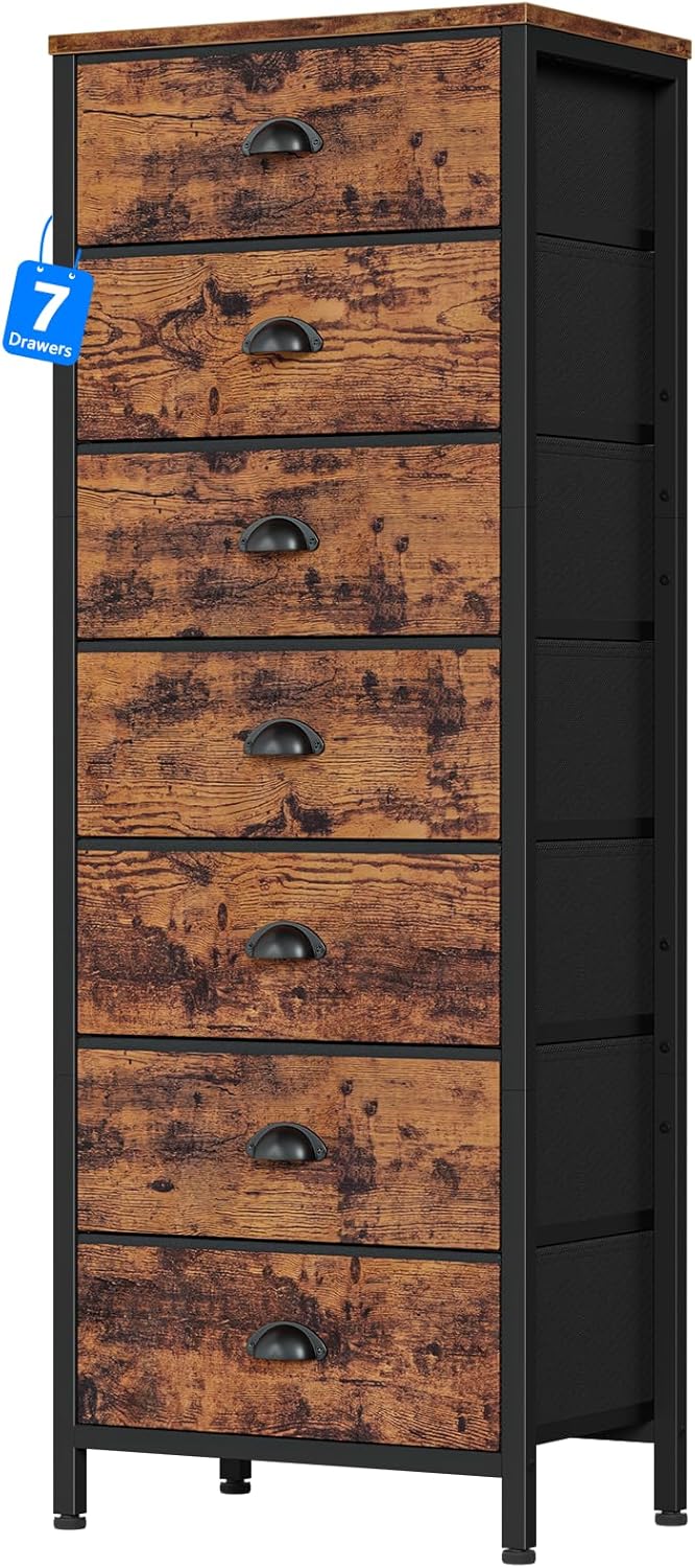 Furnulem 7-Drawer Tall Dresser – Industrial Fabric Storage Tower with Steel Frame for Bedroom, Closet, or Entryway