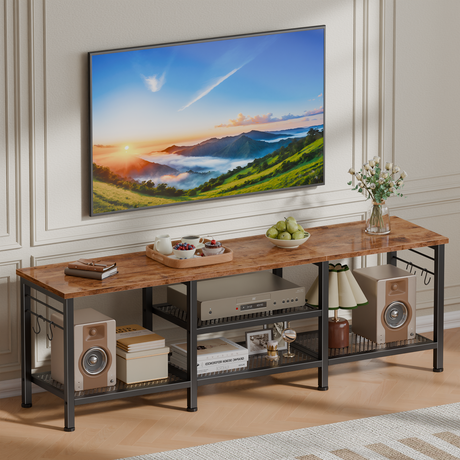 Qwatto Brown TV Stand for TVs up to 65 Inch Entertainment Center Media Console Table with Open Storage Shelves Soundbar Shelf Living Room Decor