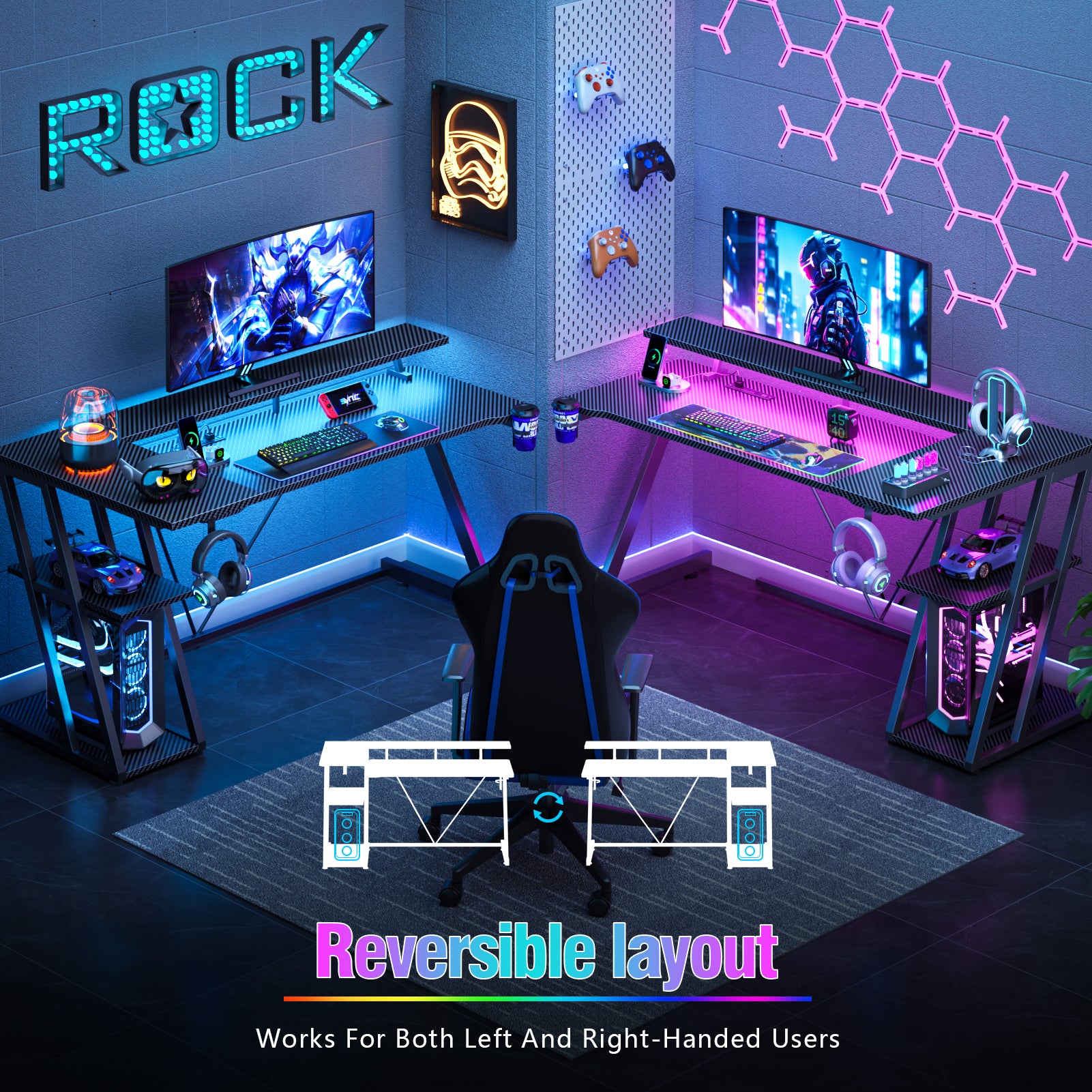 55 inch L Shaped Corner Gaming Desk Black Computer Table with Monitor Stand 3 Tier Storage Shelves Modern Gamer Desk Home Office PC Room Workstation