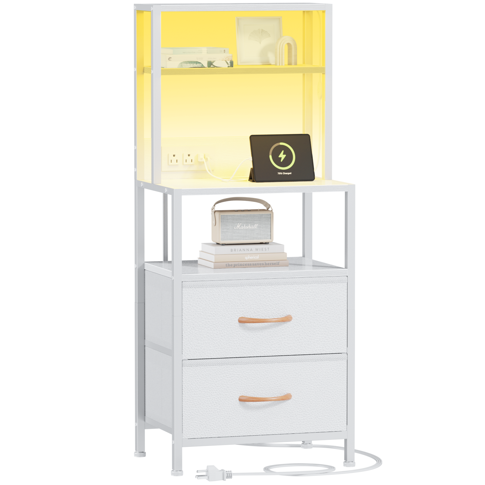 Furnulem Tall Nightstand with Light Tube and Charging Station