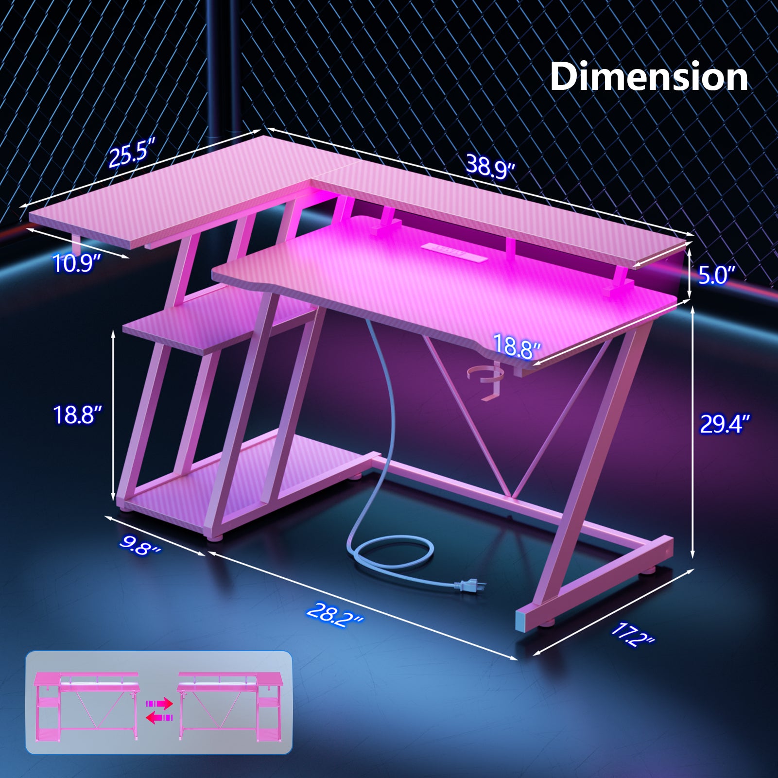 40 inch L Shaped Gaming Desk LED Lights Power Outlet Corner Computer Table with Monitor Stand 3 Tiers Storage Shelves Carbon Fiber Gamer Desk Pink