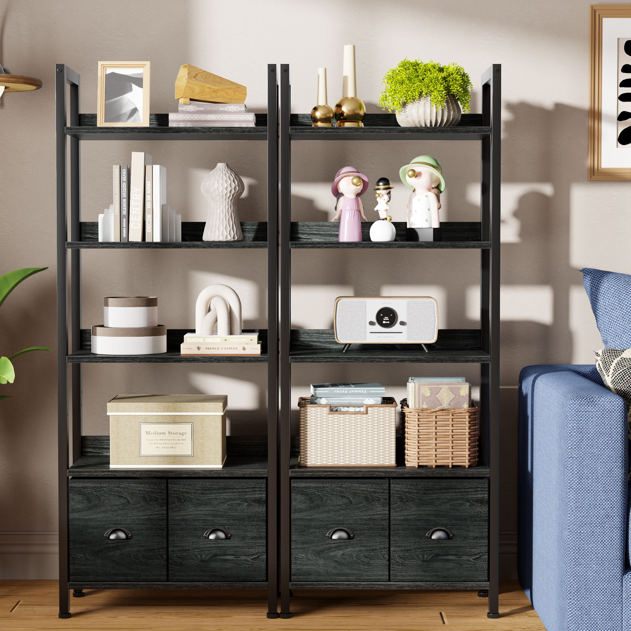 5 Tier Industrial Tall Bookcase with Two Storage Drawers Wood Metal Display Bookshelf Standing Organizer Shelf for Home Office Living Room Black Oak