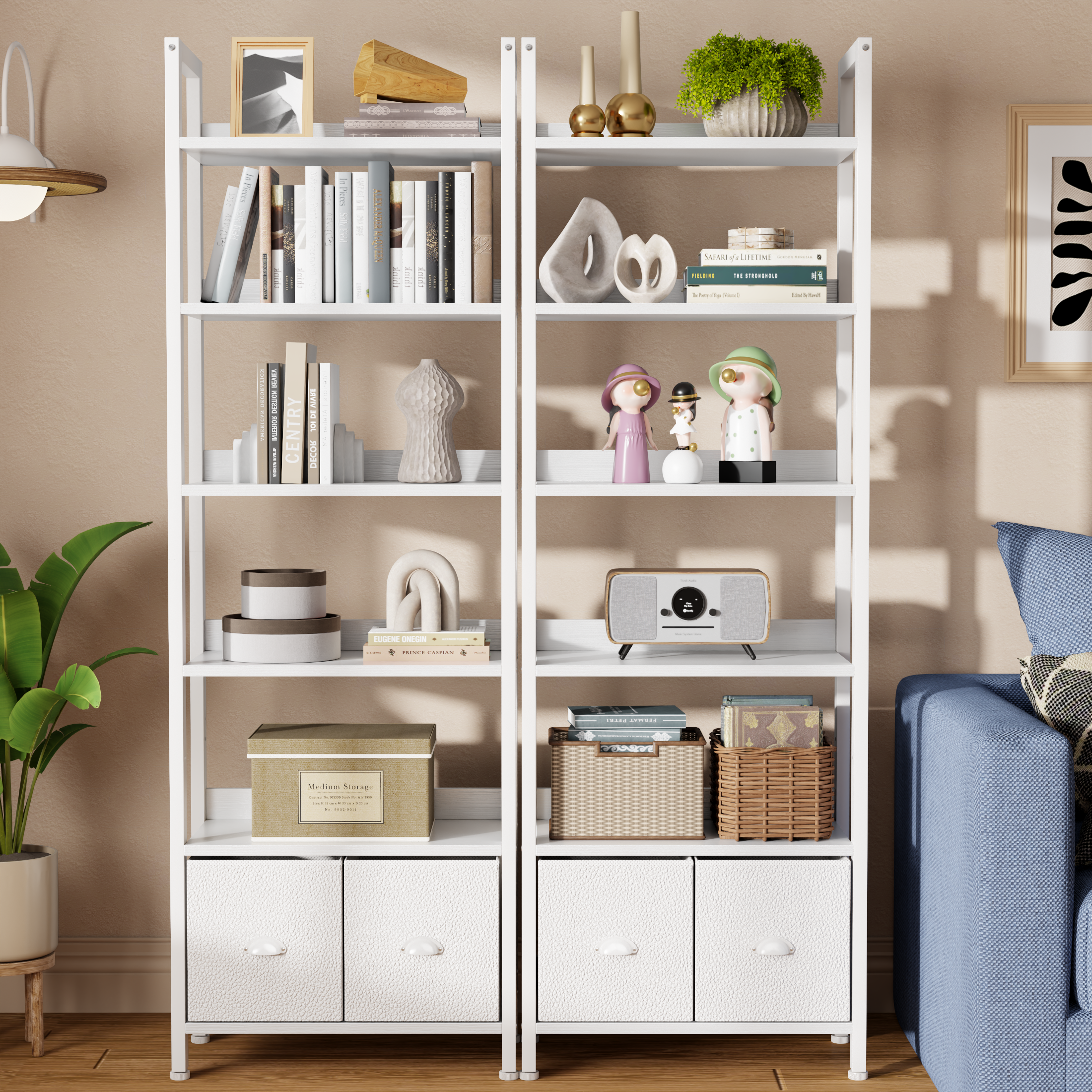 Modern 71 Inch Tall 6 Tier Bookshelf with Two Drawers Wooden Metal Freestanding Bookcase Display Storage Organizer for Home Office Living Room White