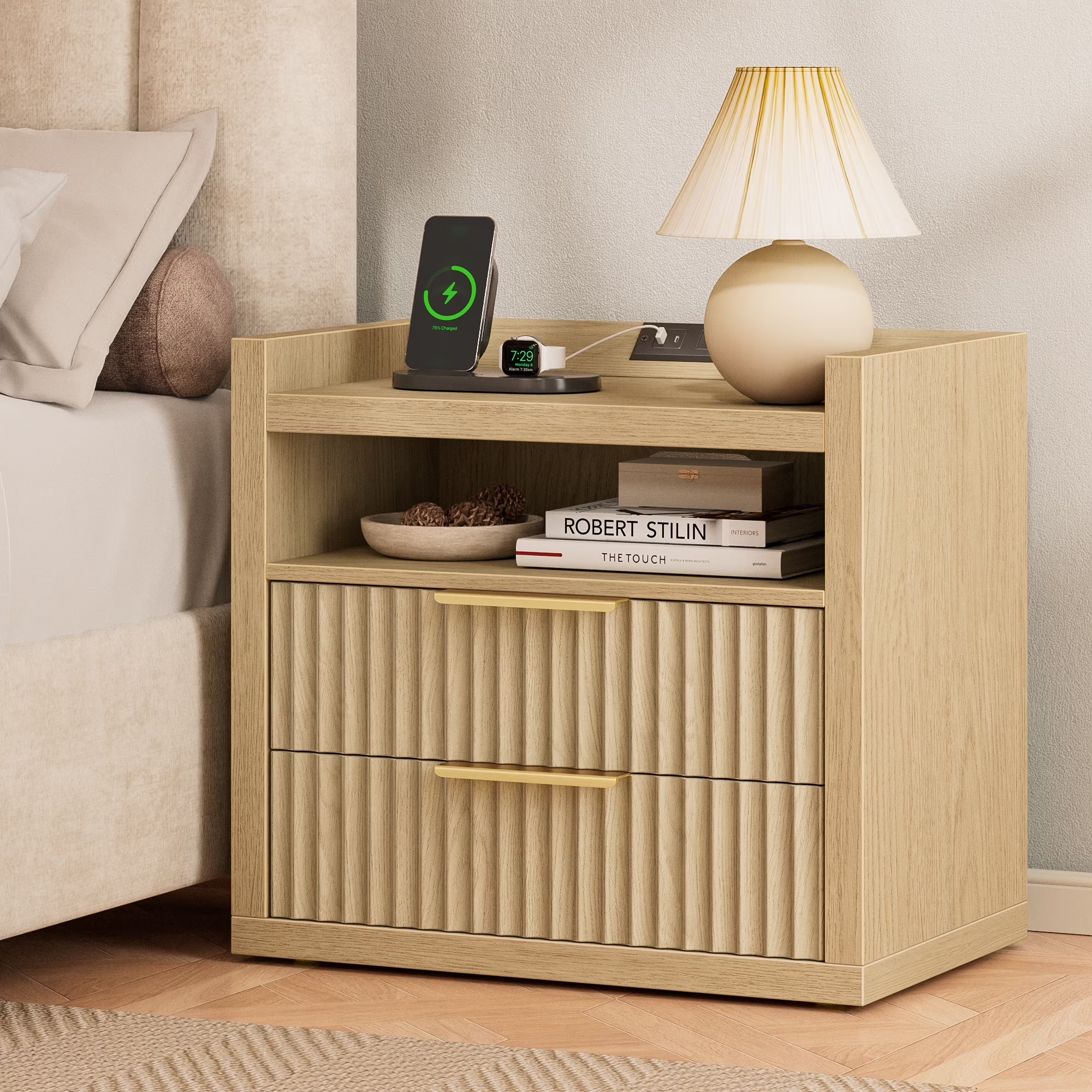 Furnulem Fluted Night Stand with Charging Station 2 Drawer Light Wood nightstand Bedside Table Night Stand for Bedroom End Table for Living Room