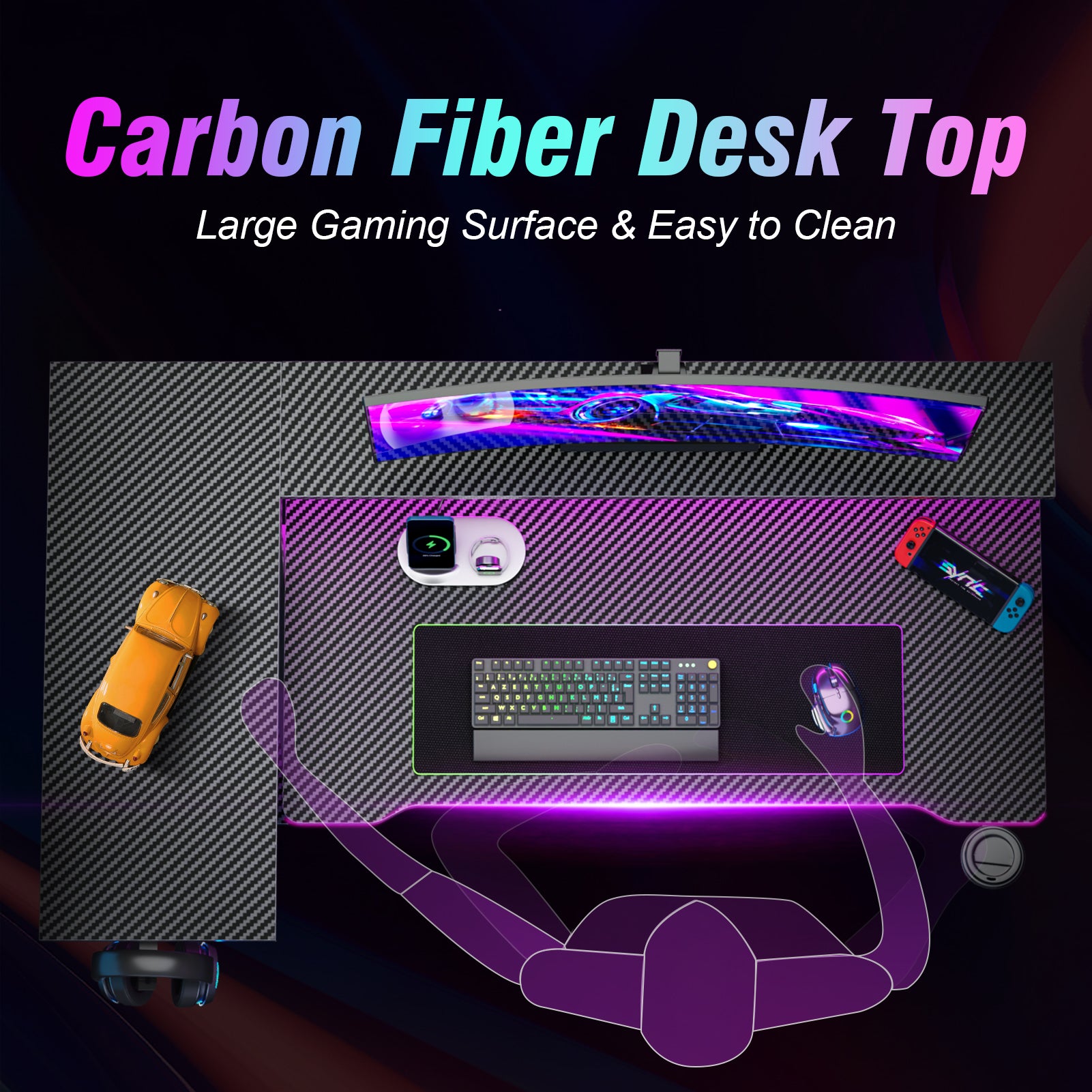 40 inch Black Gaming Desk Small Space L Shaped Computer Table with Monitor Stand 3 Tier Storage Shelves Carbon Fiber Gamer
