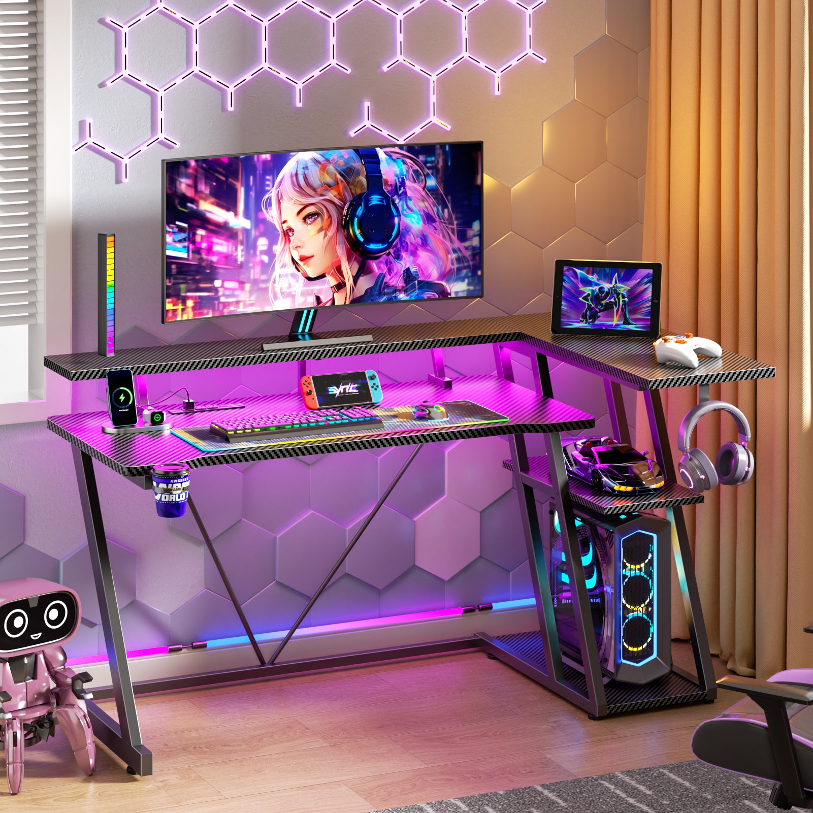 55 inch L Shaped Corner Gaming Desk Black Computer Table with Monitor Stand 3 Tier Storage Shelves Modern Gamer Desk Home Office PC Room Workstation
