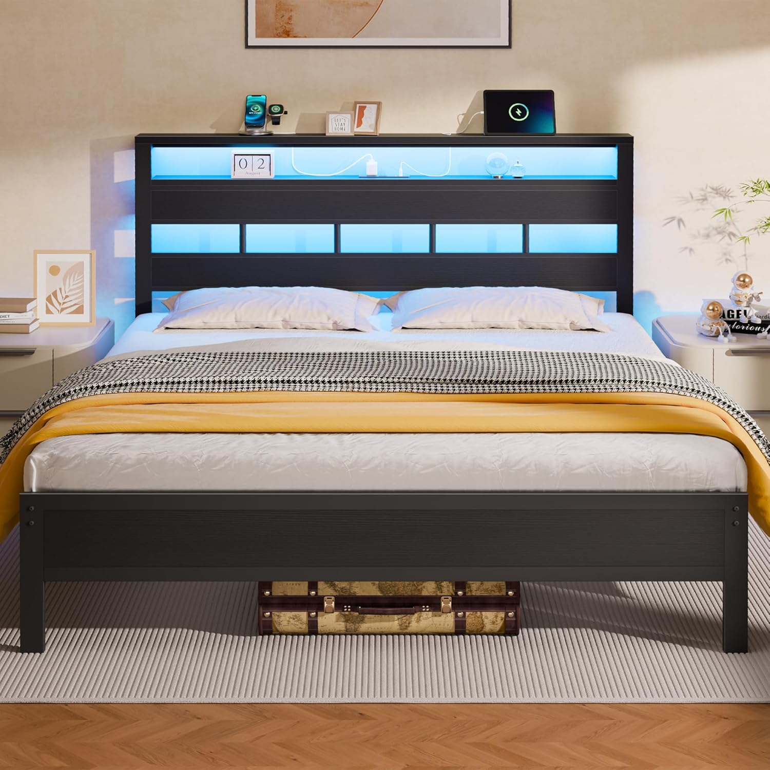 Furnulem Queen Bed Frame with Storage Headboard and LED Lights Metal Bedframe with Charging Station and USB Port Queen Size  Bed with Heavy Duty Slats