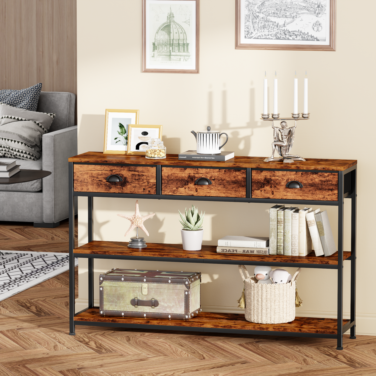 47in Wooden Rustic Brown Industrial Console Sofa Table With 3 Storage Drawers 3 Tier Display Shelves Behind Couch Entryway Living Room Foyer Hallway