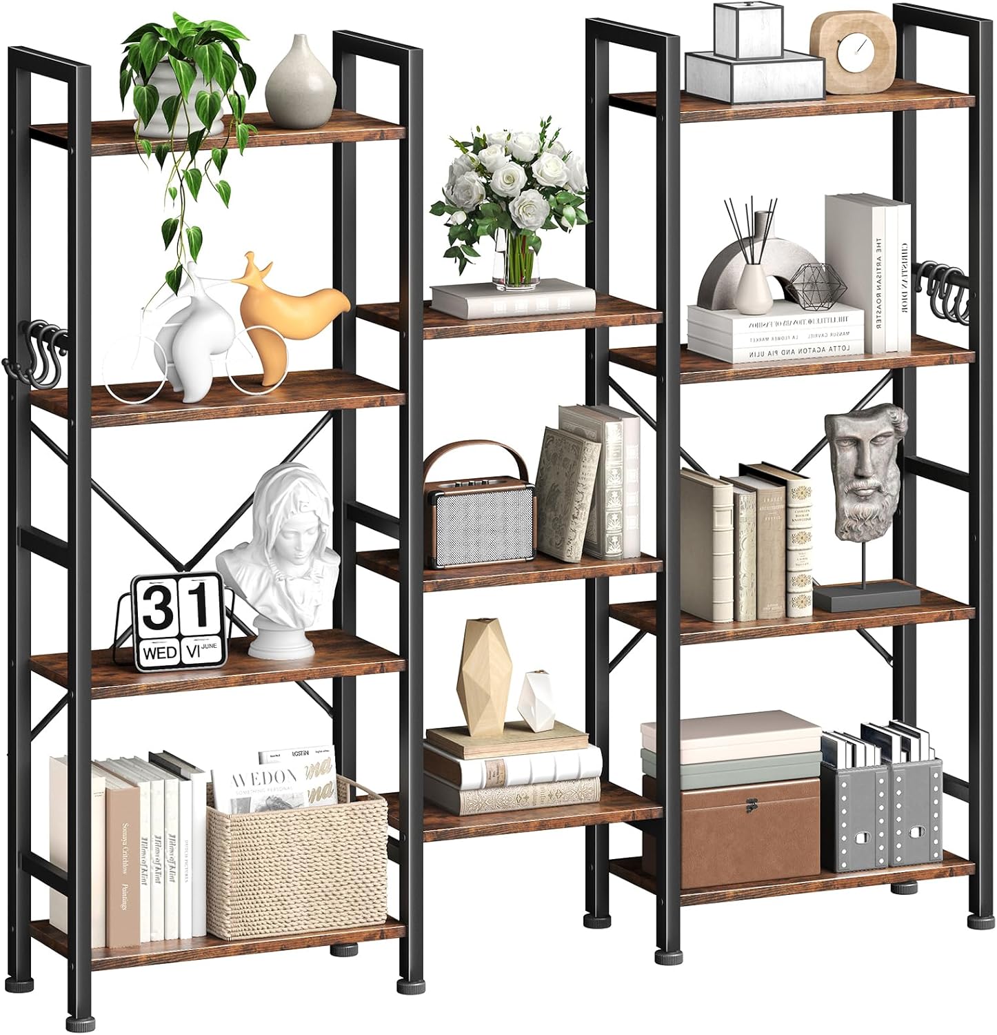 Qwatto Brown Triple 4 Tier Bookshelf 11 Open Display Shelves Wood Metal Storage Organizer Industrial Wide Shelving Unit Home Office Etagere Bookcase