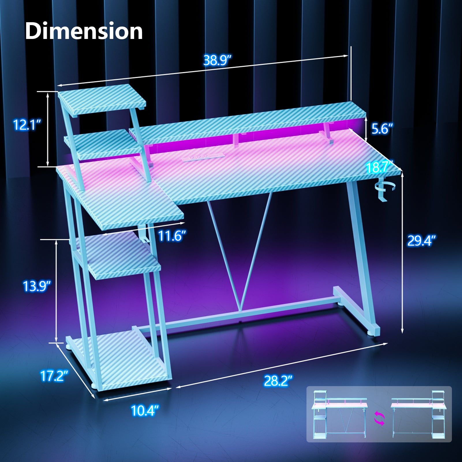 39 inch L Shaped Gaming Desk with LED Lights and Power Outlet White Small Spaces Corner Computer Table with Monitor Stand Storage Shelves Gamer Desk
