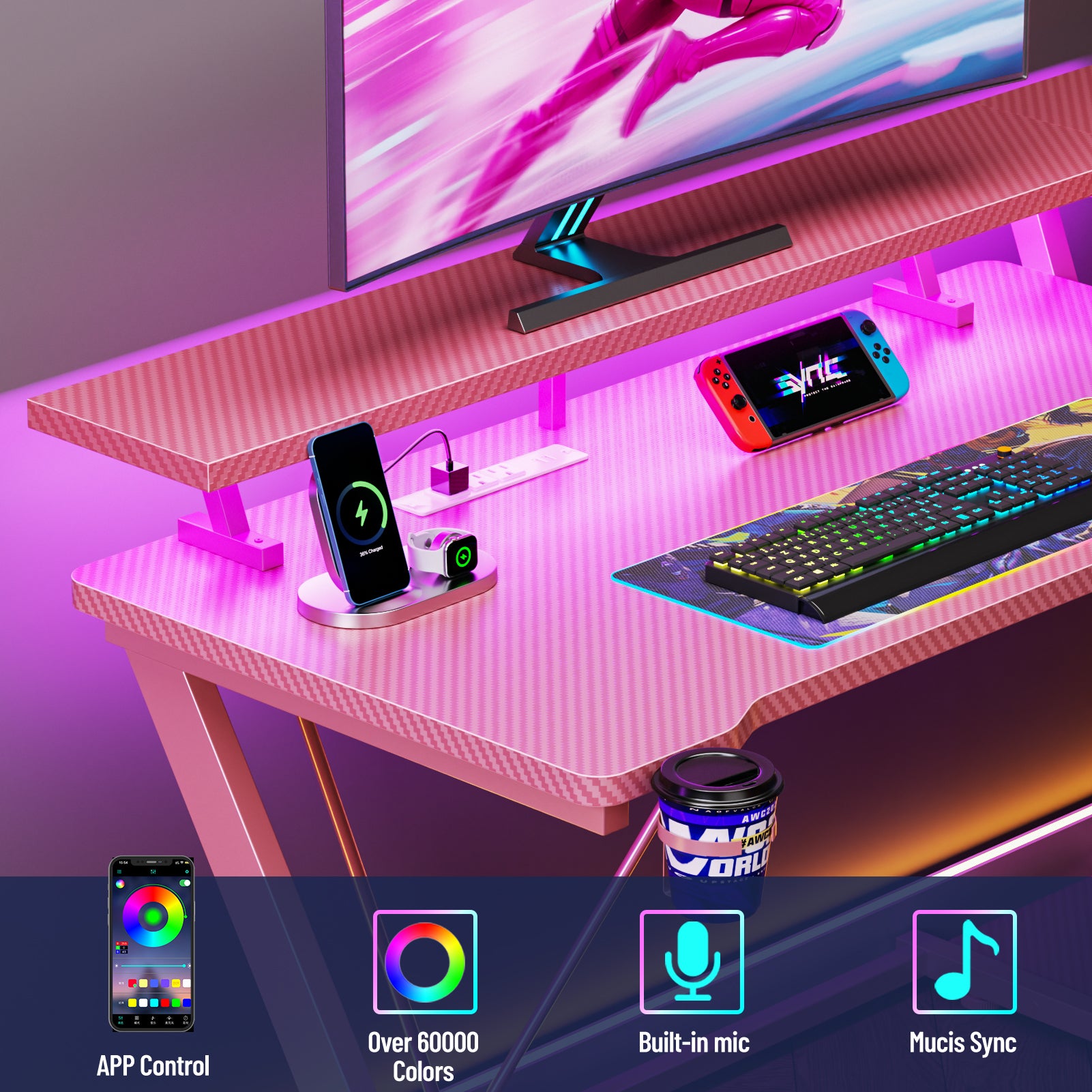 40 inch L Shaped Gaming Desk LED Lights Power Outlet Corner Computer Table with Monitor Stand 3 Tiers Storage Shelves Carbon Fiber Gamer Desk Pink
