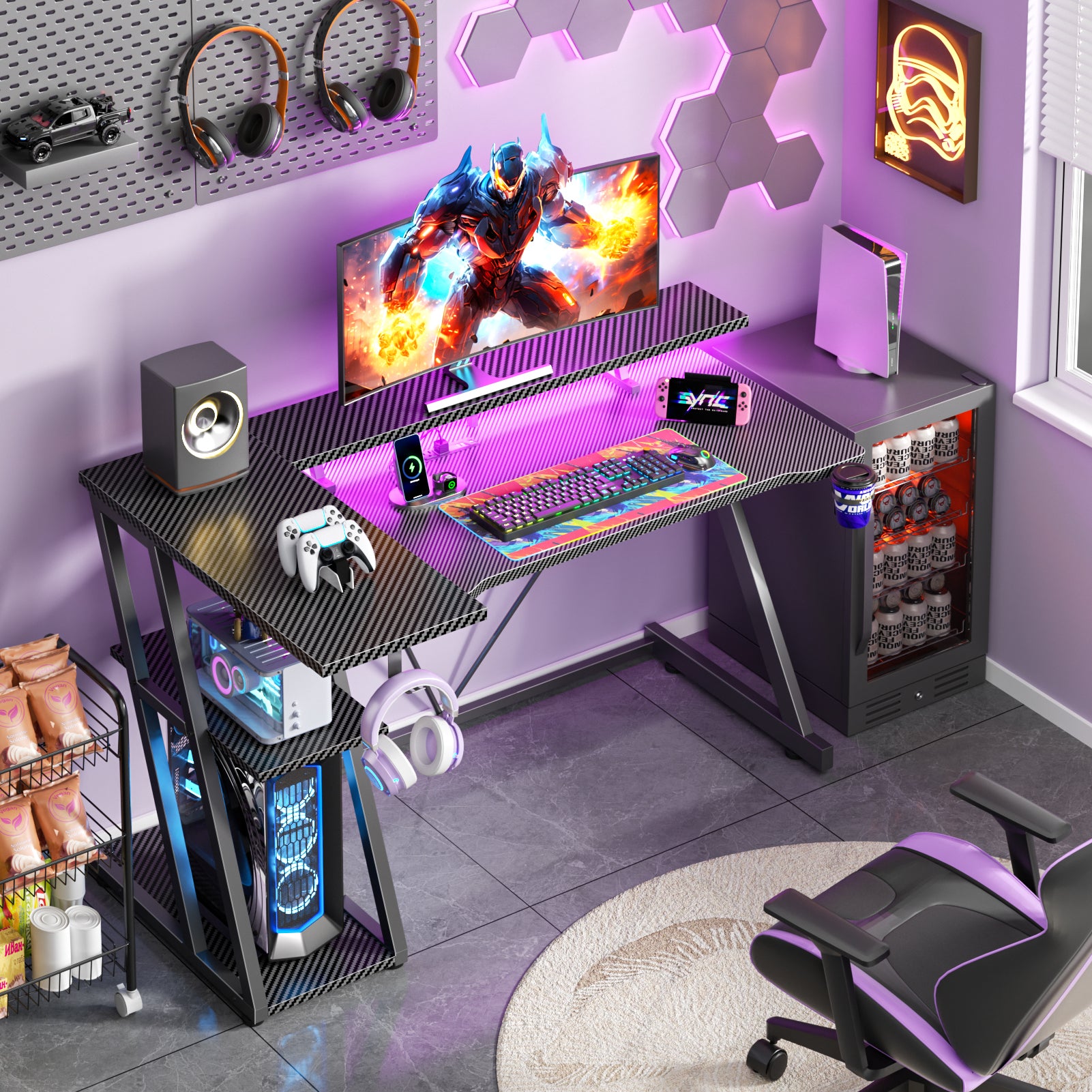 47 inch Black Gaming Desk with LED Lights and Power Outlet L Shaped Corner Computer Table with Monitor Stand 3 Tier Storage Shelves Gamer Desk Office