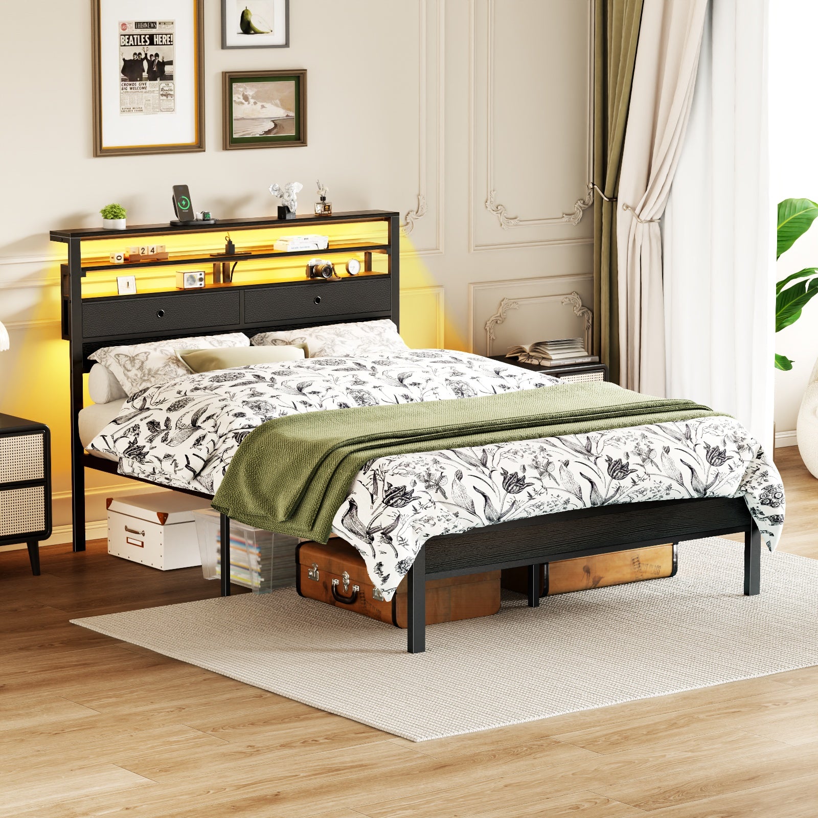 Furnulem Bed Frames with Charging Station and LED Lights, Wood Headboard with 2 Fabric Drawers and Storage Shelves