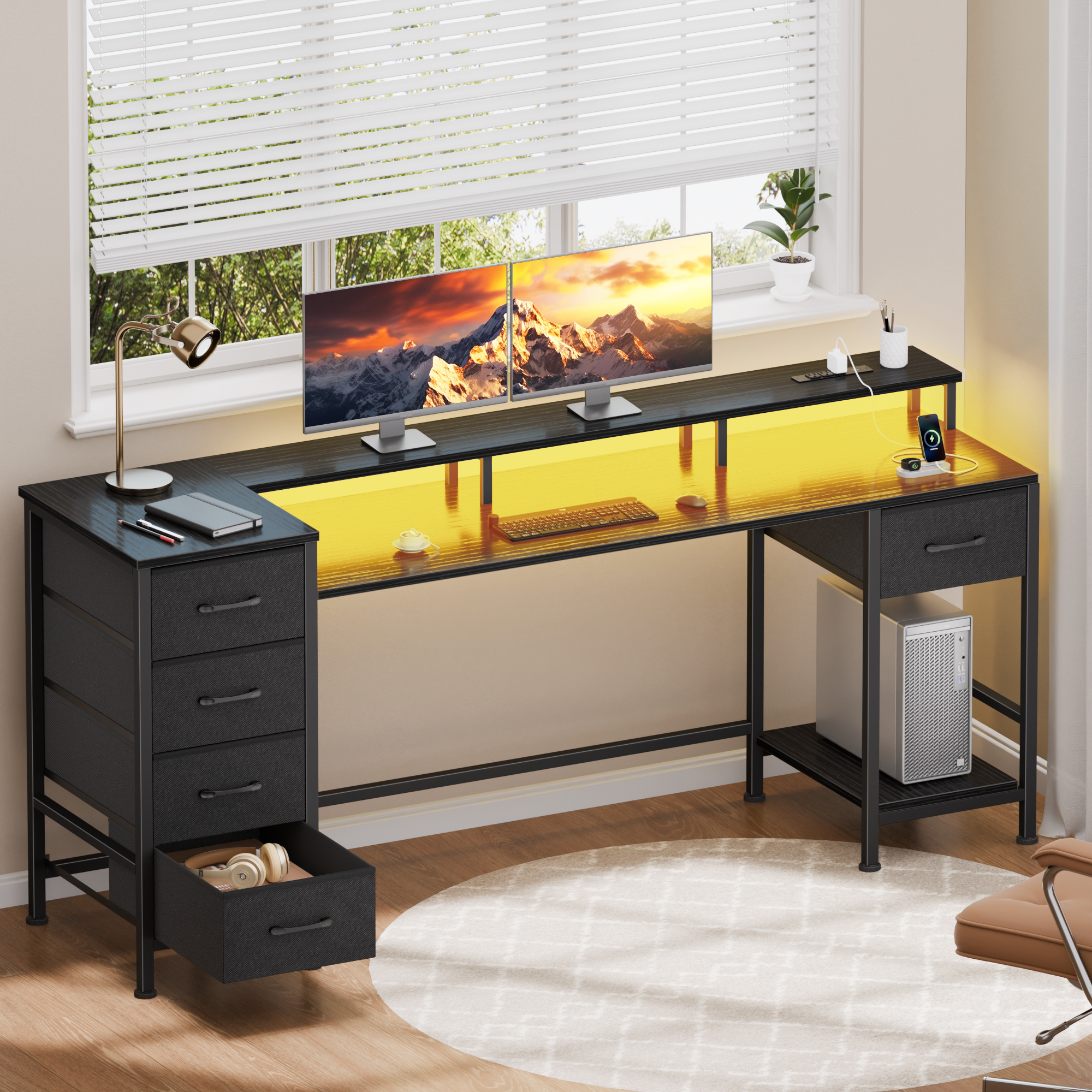 61 Inch Black Computer Desk with Charging Station Gaming Desk LED Lights Reversible 5 Fabric Drawers Home Office Writing Table Study Storage