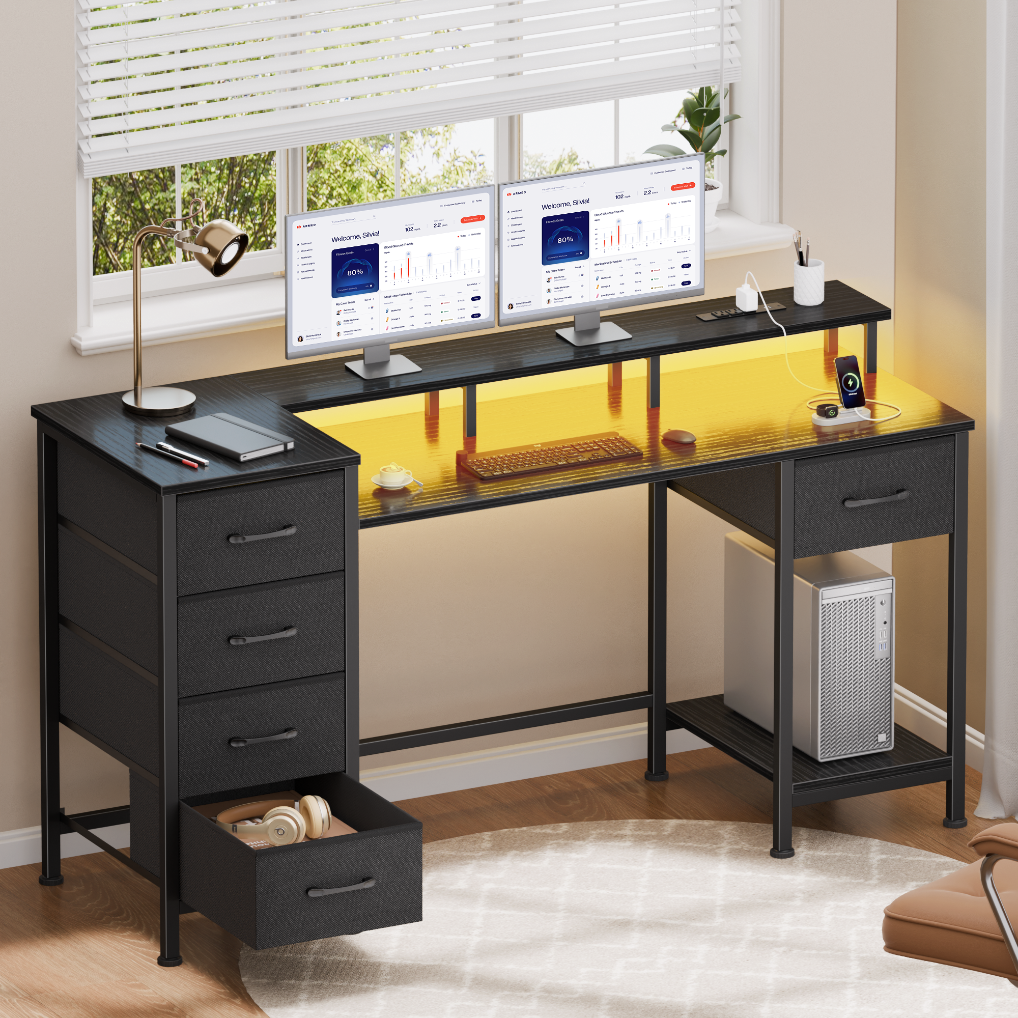 47 Inch Black Computer Desk with Charging Station Reversible Gaming Desk LED Lights 5 Fabric Drawers Monitor Stand Home Office Writing Table