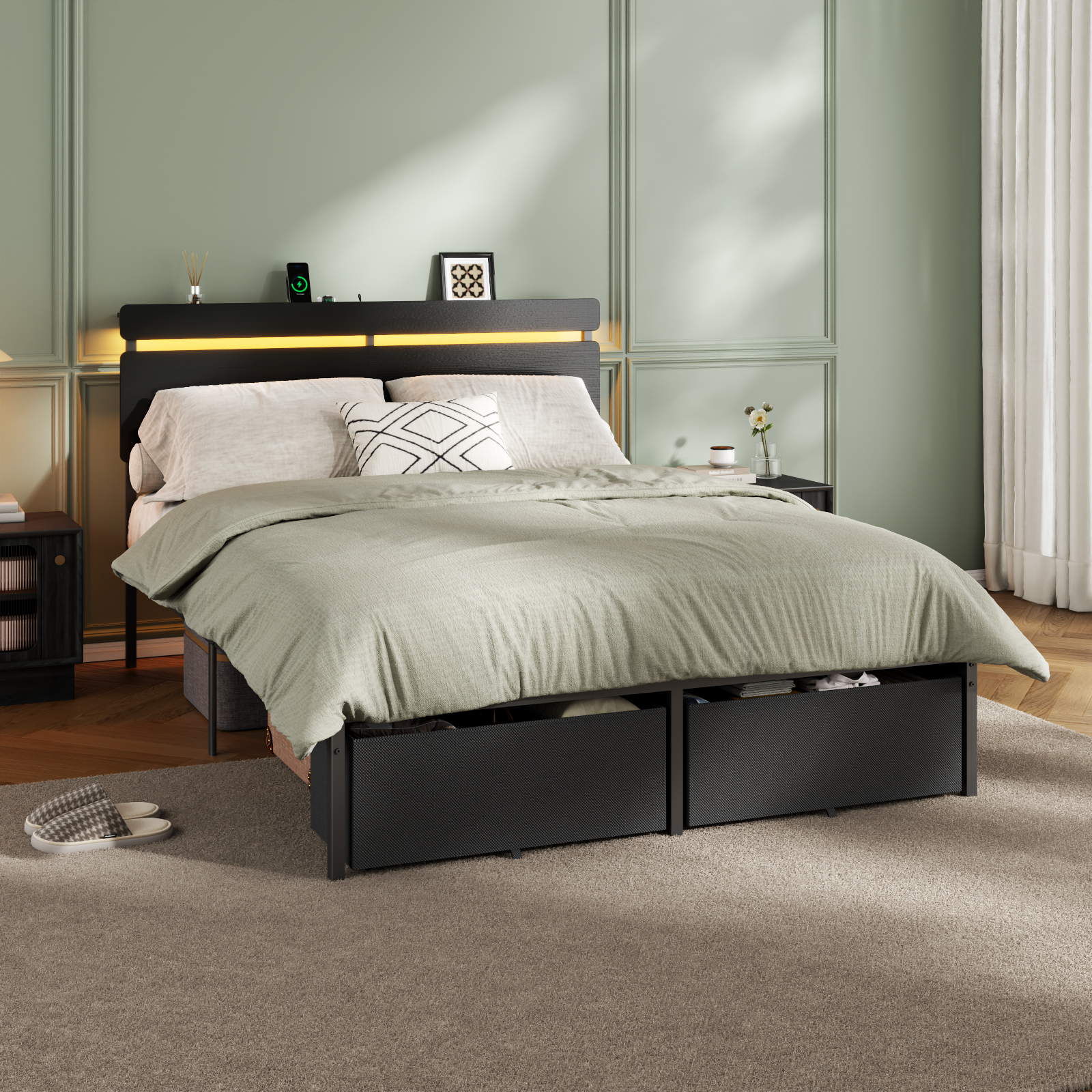 Black Full Metal Bed Frame with Wood Storage Headboard LED Lighting Charging Station Heavy Duty Platform 2 Drawers No Box Spring