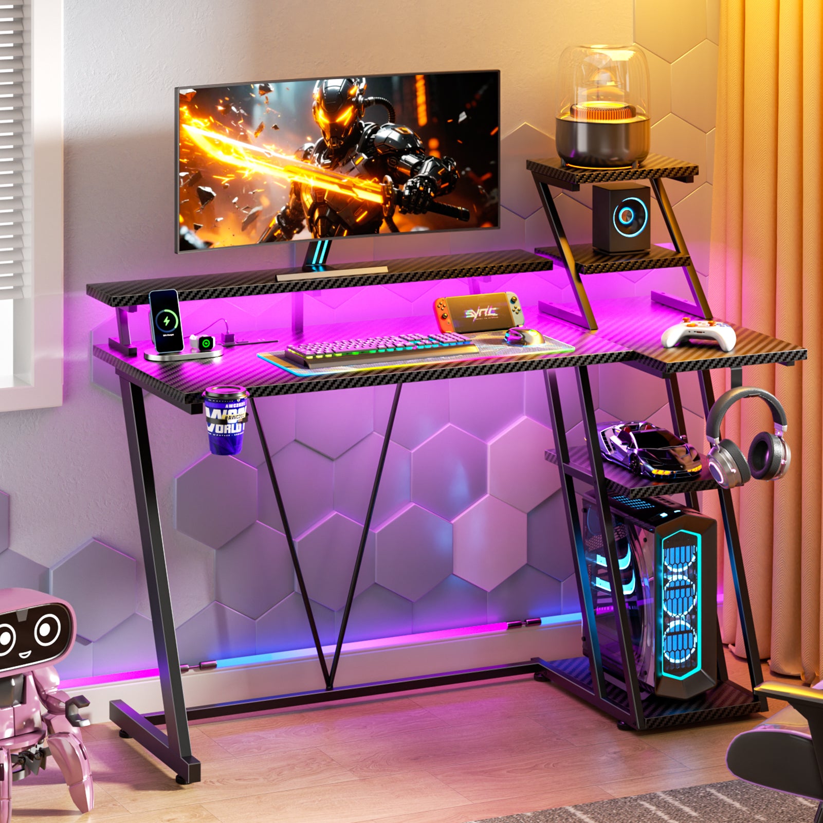 39 inch Black Gaming Desk Small L Shaped Computer Table with Monitor Stand Storage Shelves Modern Gamer Corner Desk Office Space Saving PC Room Desk