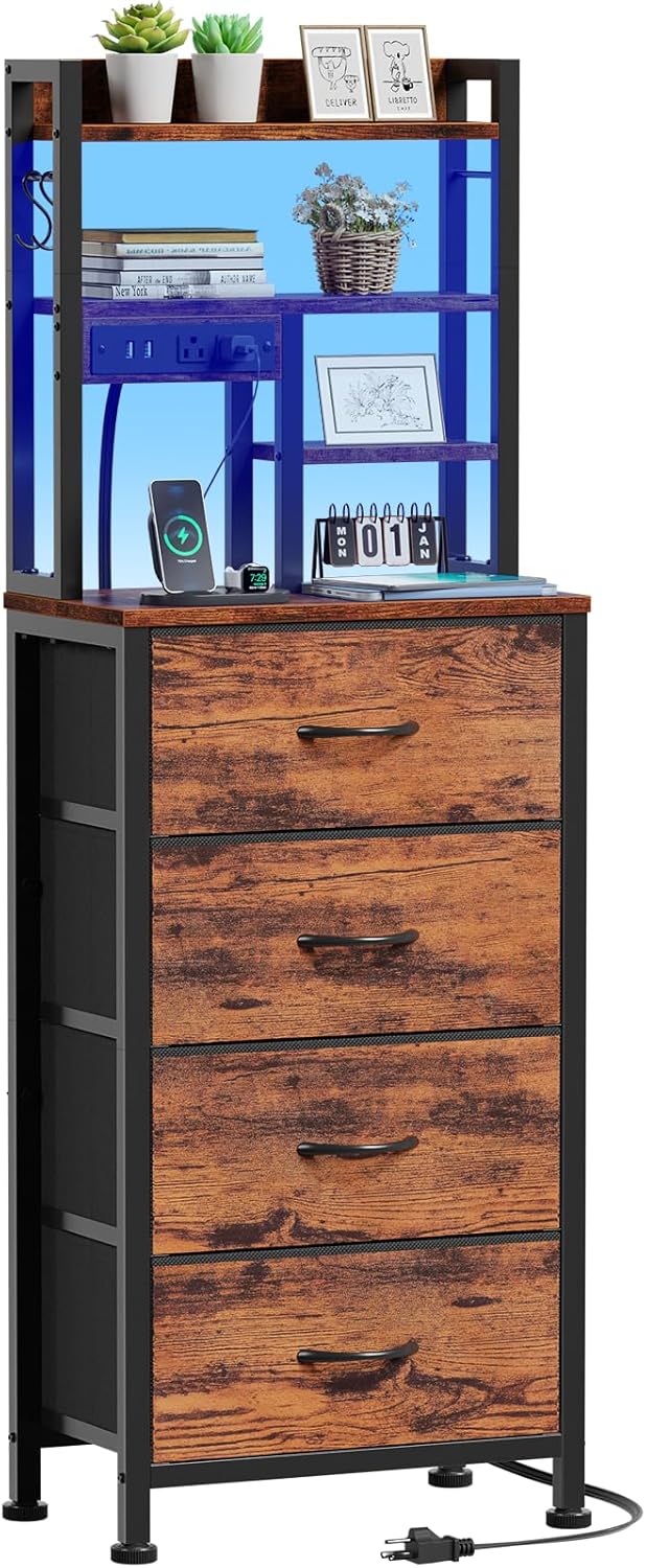 Qwatto Bedside Table with Charging Station and USB Port 4 Drawer Tall Nightstand with Shelves for Bedroom Dorm Wood Metal End Table Brown Finish