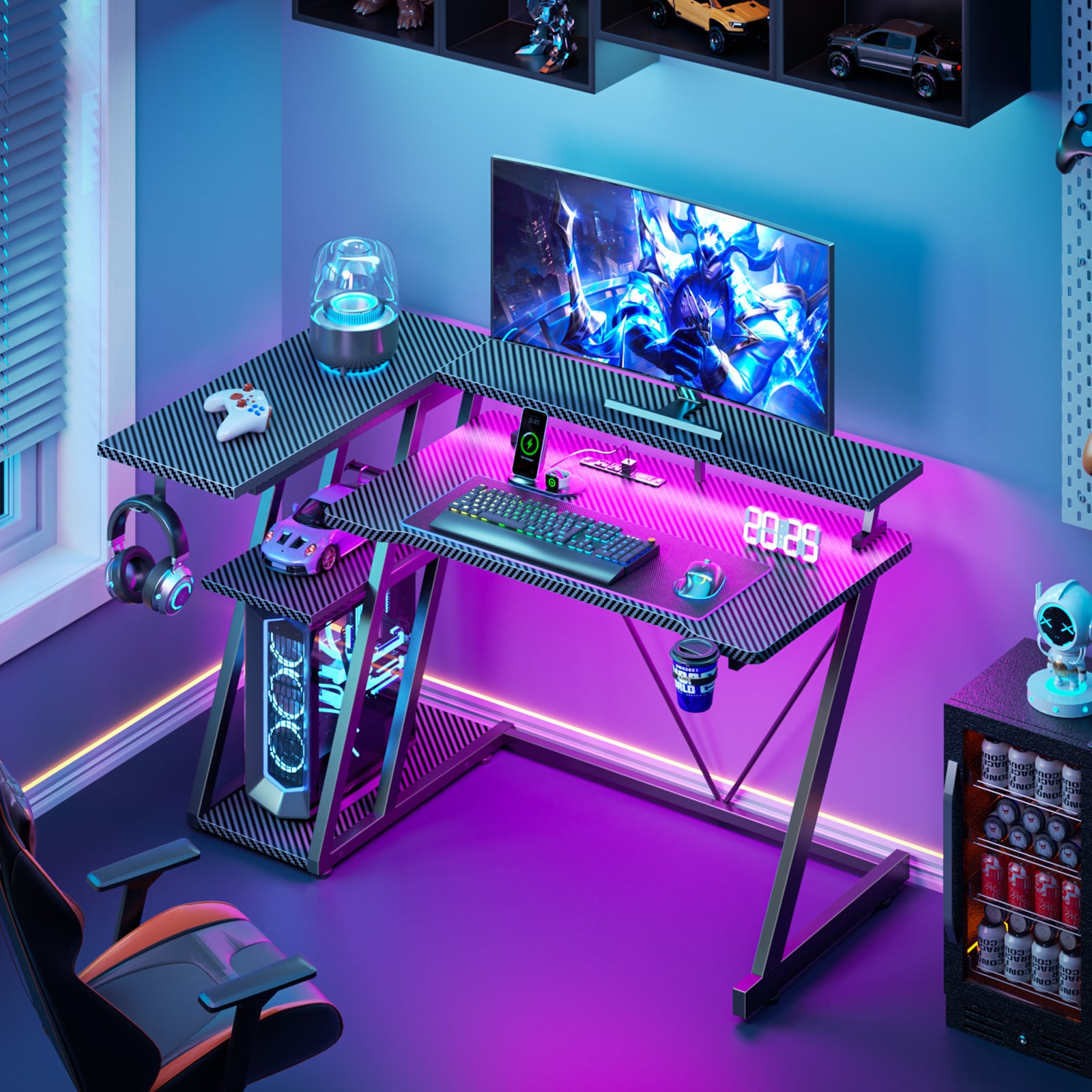 40 inch Black Gaming Desk with LED Lights Power Outlet Small Space L Shaped Computer Table with Monitor Stand 3 Tier Storage Shelves Carbon Fiber Gamer