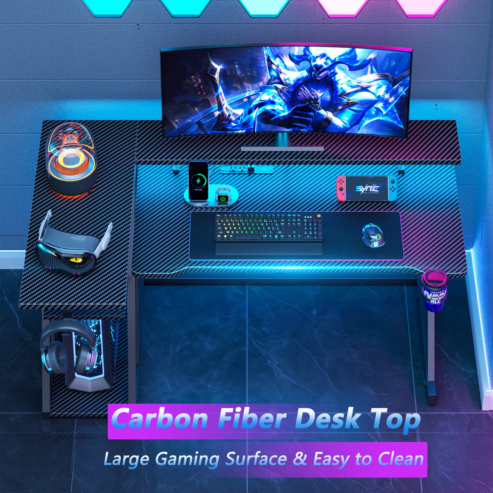 40 inch Black Gaming Desk with LED Lights Power Outlet Small Space L Shaped Computer Table with Monitor Stand 3 Tier Storage Shelves Carbon Fiber Gamer