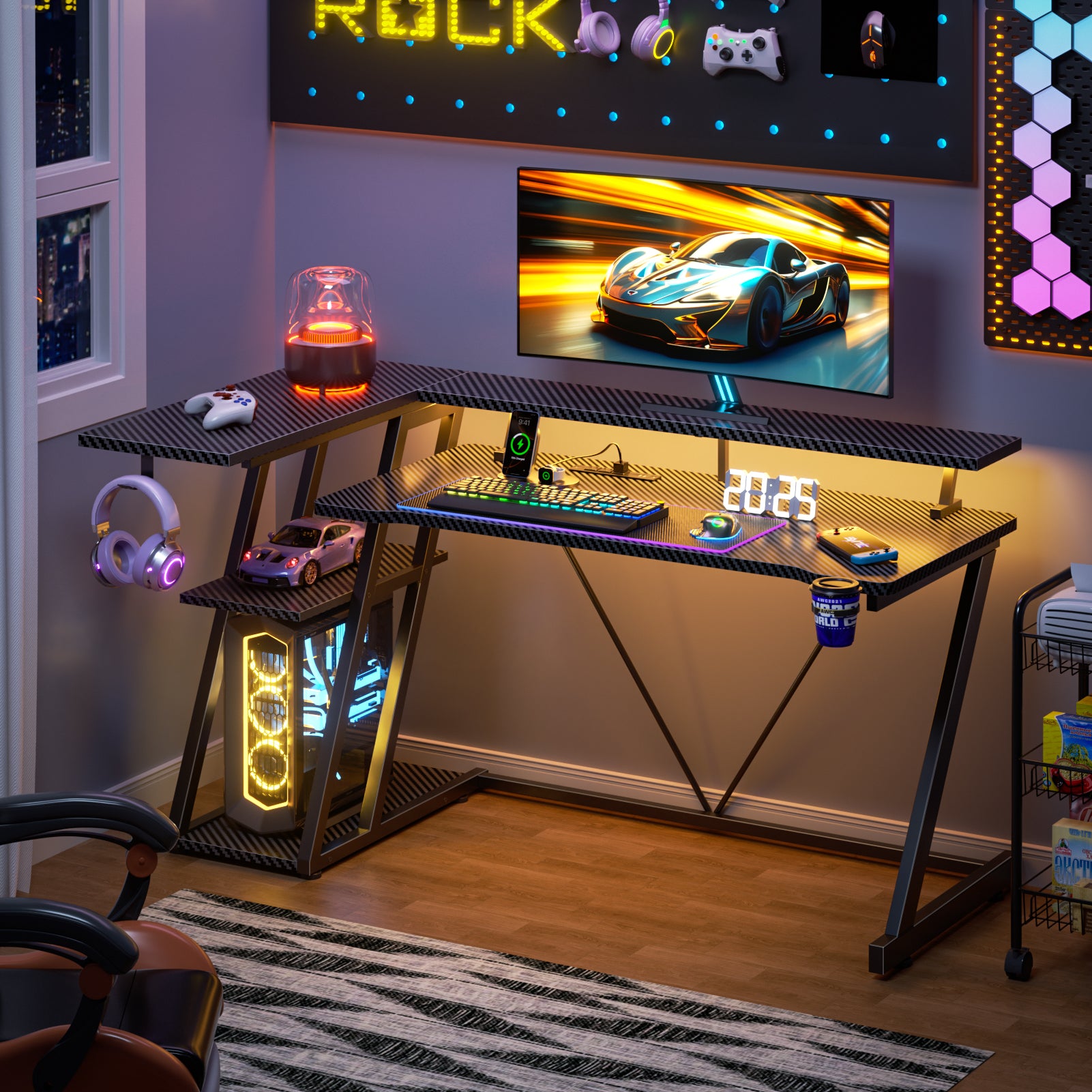 55 inch L Shaped Corner Gaming Desk Black Computer Table with Monitor Stand 3 Tier Storage Shelves Modern Gamer Desk Home Office PC Room Workstation