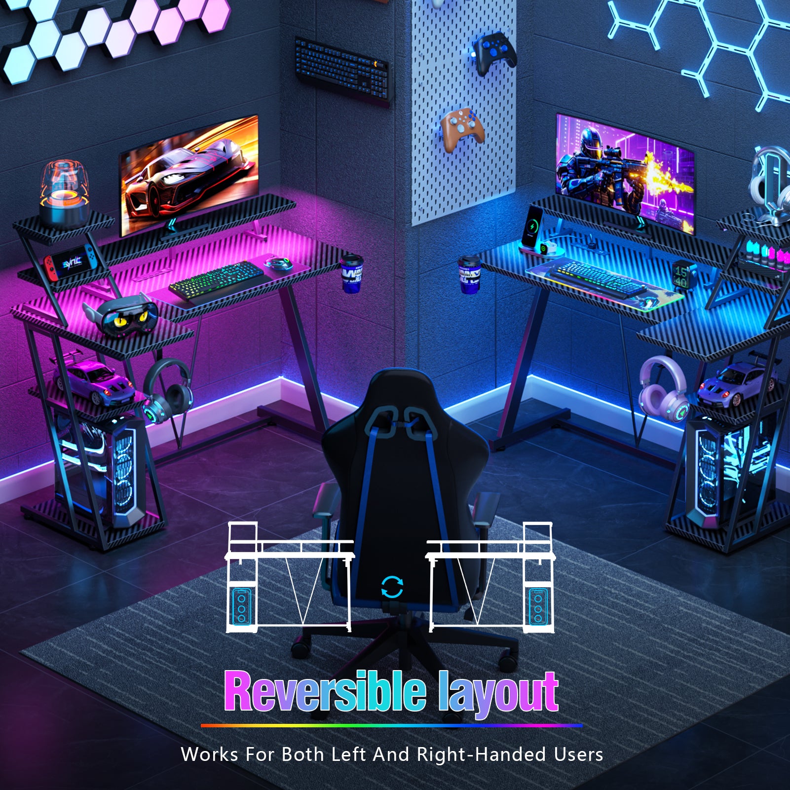 39 inch Black Gaming Desk with LED Lights Power Outlet Small L Shaped Computer Table with Monitor Stand Storage Shelves Modern Gamer Corner Desk Office