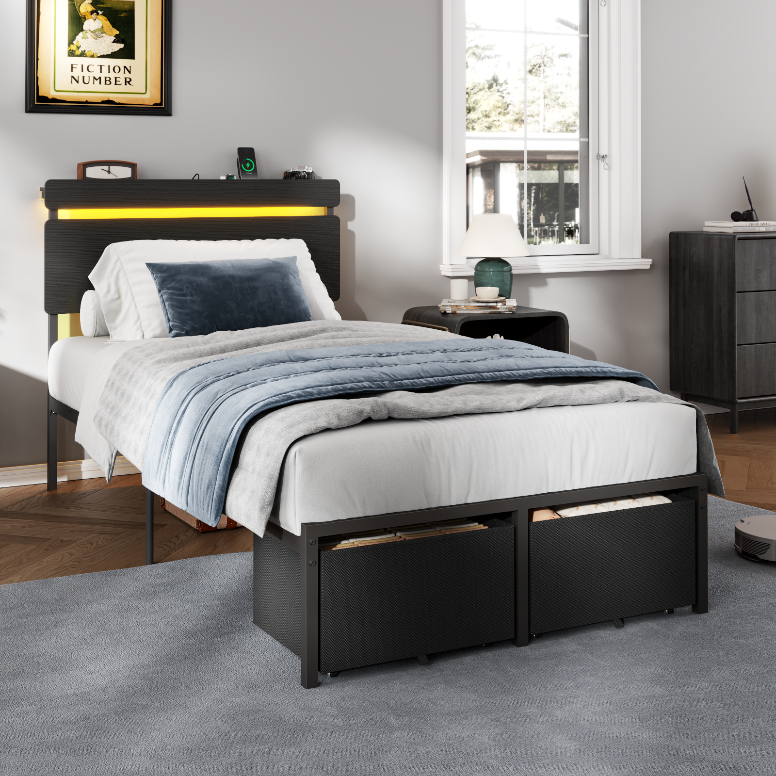 Twin Size Platform Bed Frame with 2 Storage Drawers Headboard Shelf LED Lights Charging Station Black Metal No Box Spring Needed Kids Teen Dorm