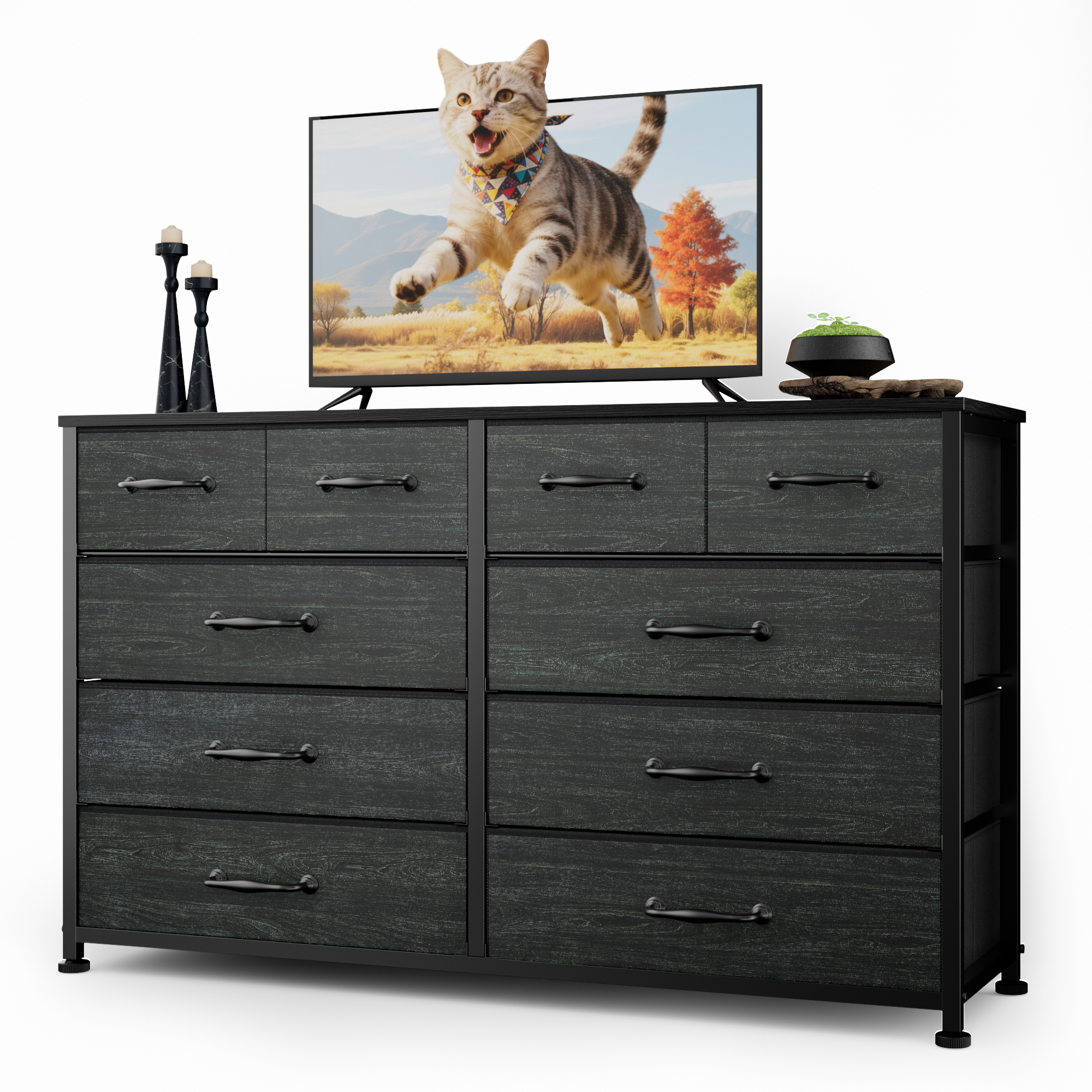 Modern Black 10 Drawer Dresser Wide Storage Chest Fabric Organizer Cabinet Bedroom Closet Furniture Hallway 50 Inch TV Stand Console