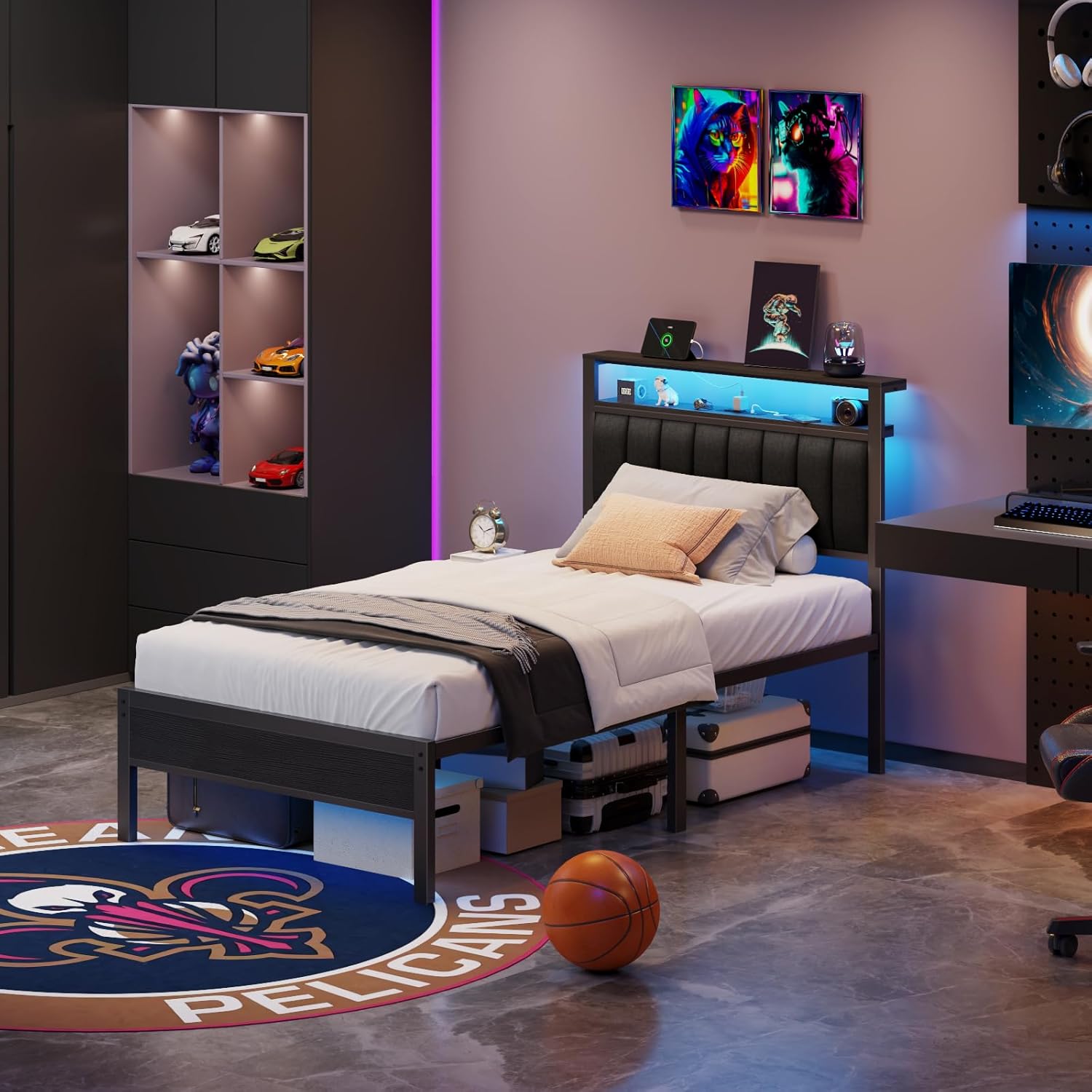 Furnulem Twin size bed frame with charging station and LED light gray upholstered headboard two-tier storage shelves no spring mattress required