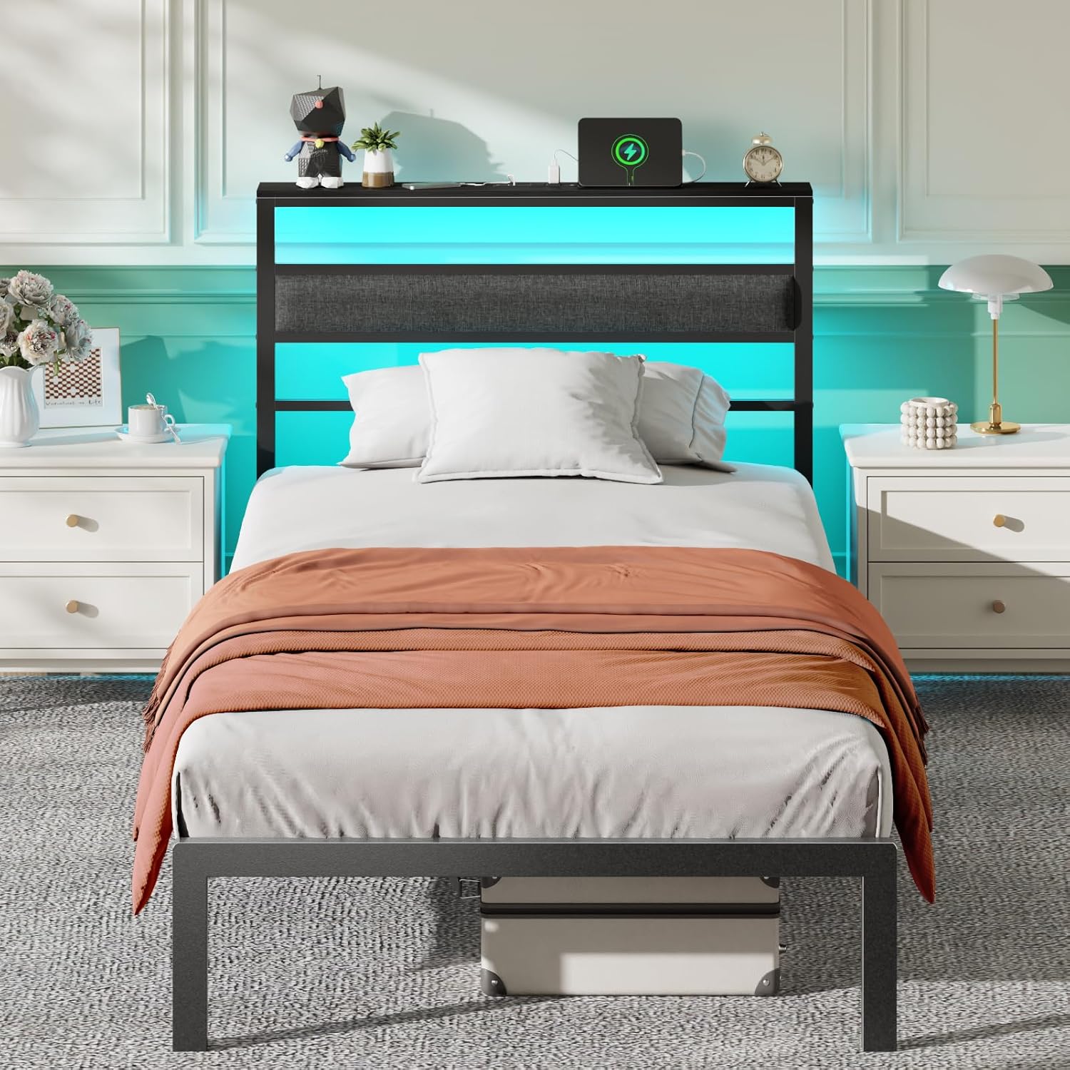 Twin Bed Frames for Kids Metal Platform Bed Frame  with Upholstered Headboard Wood Storage Shelf Charging Station and LED Lights No Box Spring Needed