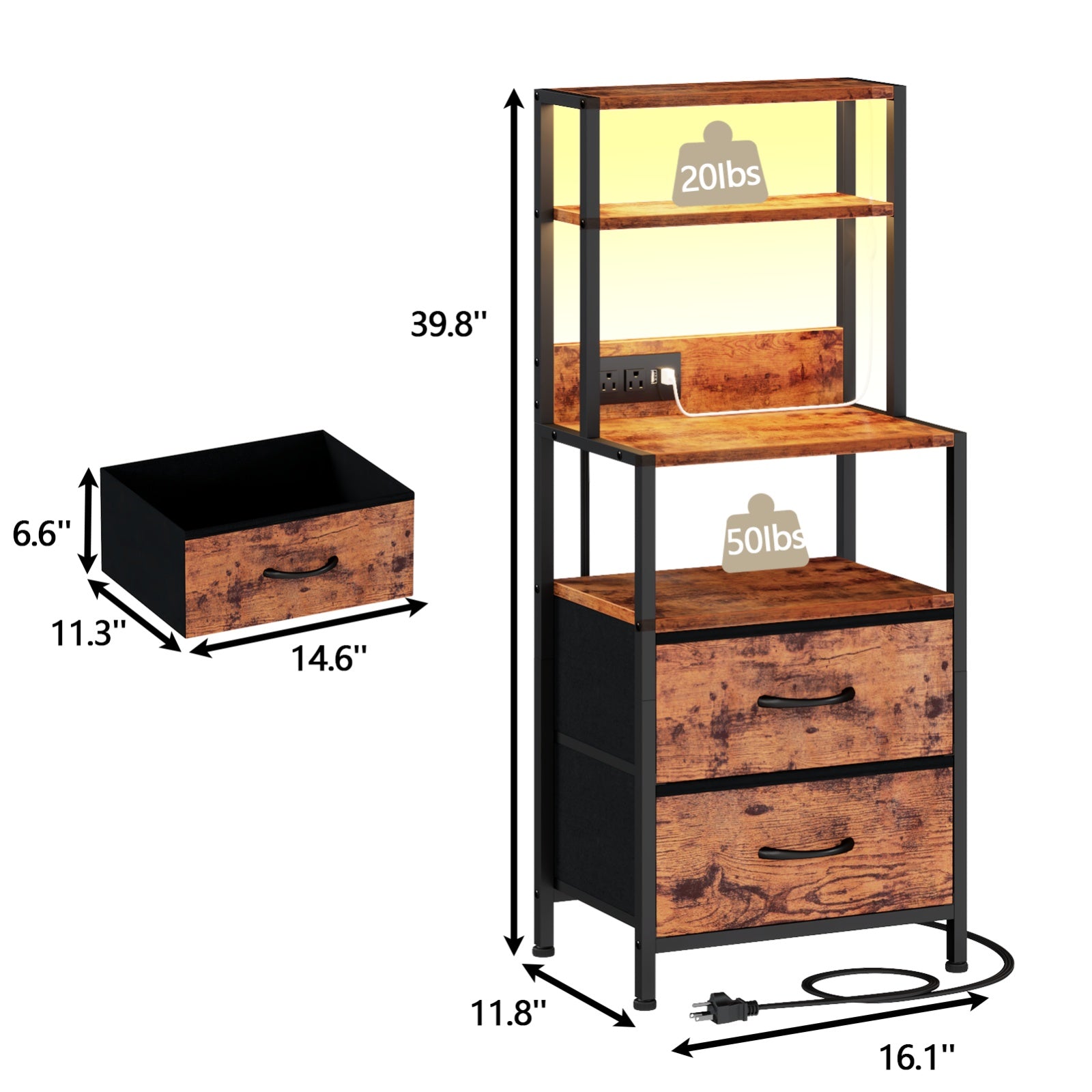 Furnulem Night Stand, Tall Nightstand with 4-Tier Shelves, 2 Fabric Drawers and Light Tube, Bed Side Tables with Charging Station, Bedside Table for Bedroom, Office, Rustic Brown