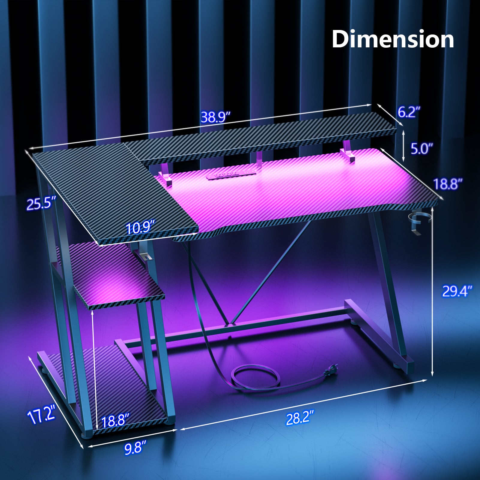 40 inch Black Gaming Desk Small Space L Shaped Computer Table with Monitor Stand 3 Tier Storage Shelves Carbon Fiber Gamer