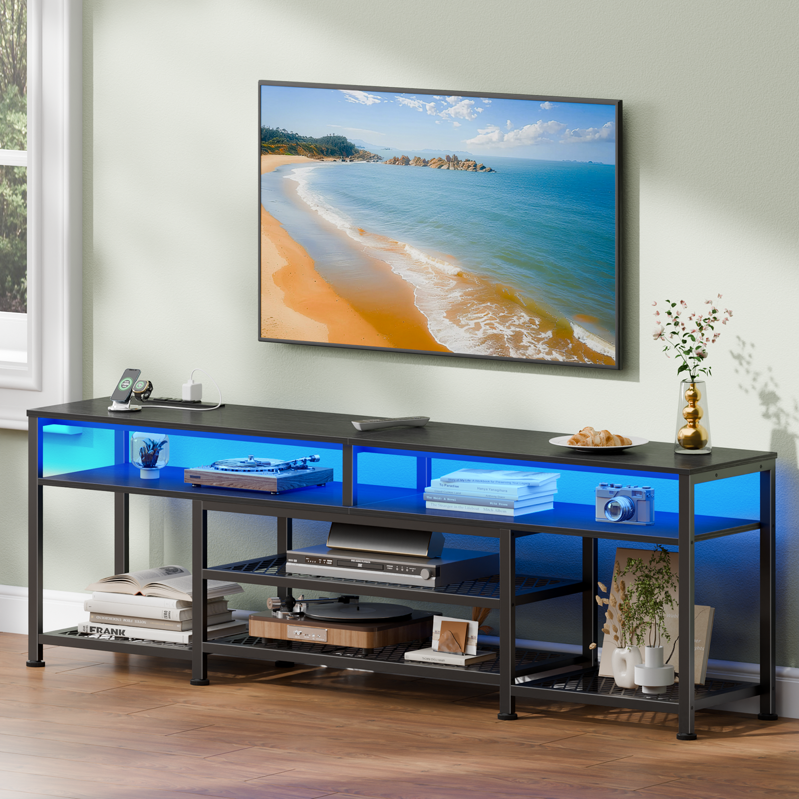 71 Inch Black TV Stand with Charging Station LED Lights Entertainment Center for TVs up to 80 Inch Media Console Storage Modern Living Room Bedroom