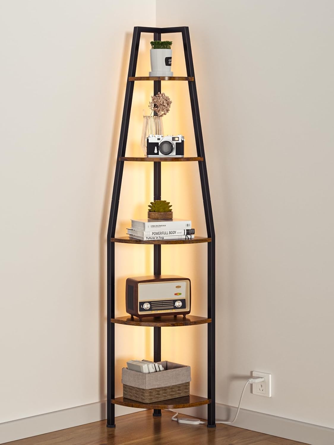 Furnulem 67” LED Corner Shelf, 5-Tier Narrow Bookshelf & Storage Rack for Bedroom, Living Room, Plants