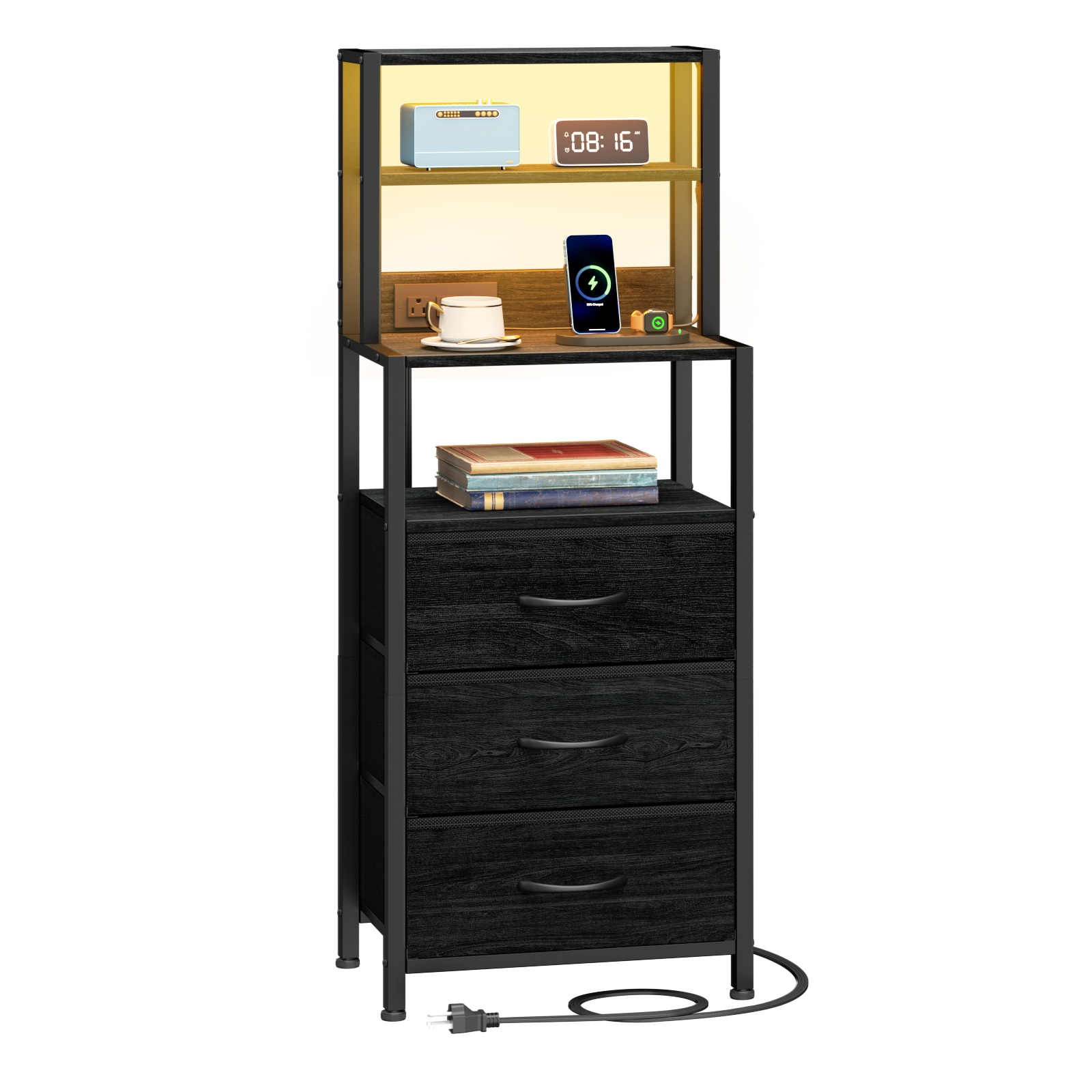 Tall Black Nightstand 4 Tier Storage Shelves 3 PU Fabric Drawers Modern Bedside Table Narrow Accent Side End Table Organizer for Bedroom Living Room