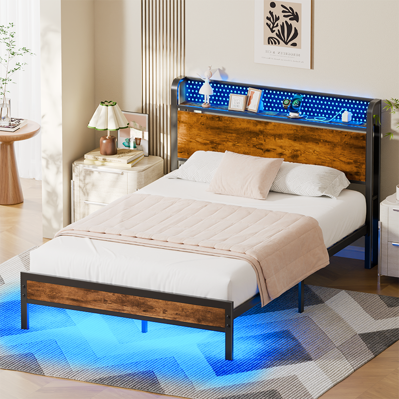 Full Size Bed Frame with charging station and LED light headboard with storage and USB port  made of vintage wood and sturdy metal