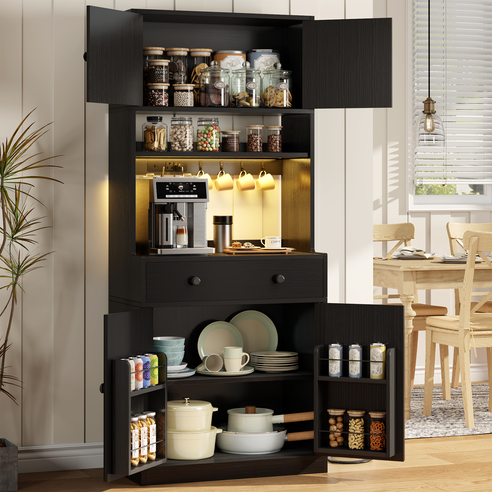 Qwatto 71'' Kitchen Pantry Storage Cabinet Farmhouse Freestanding Microwave Stand with Hutch Doors and Drawers for Dining Room and Coffee Bar