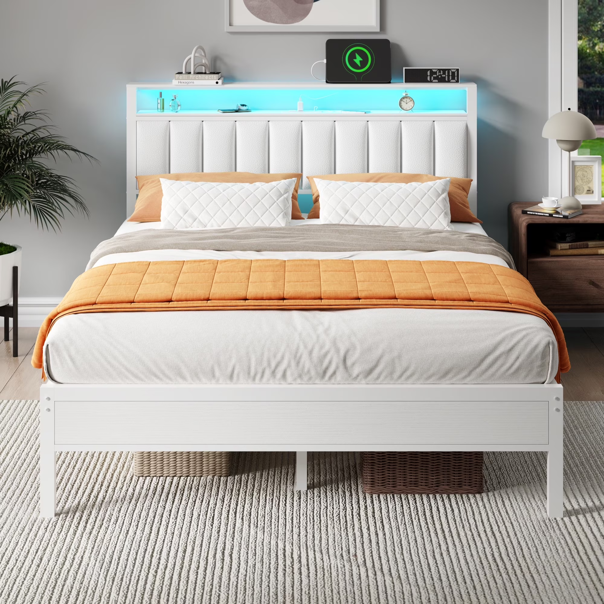 Furnulem White Queen Bed Frame with Charging Station Led Lights Pu Leather Upholstered Headboard W/ 2-Tier Storage Shelves No Box Spring Needed