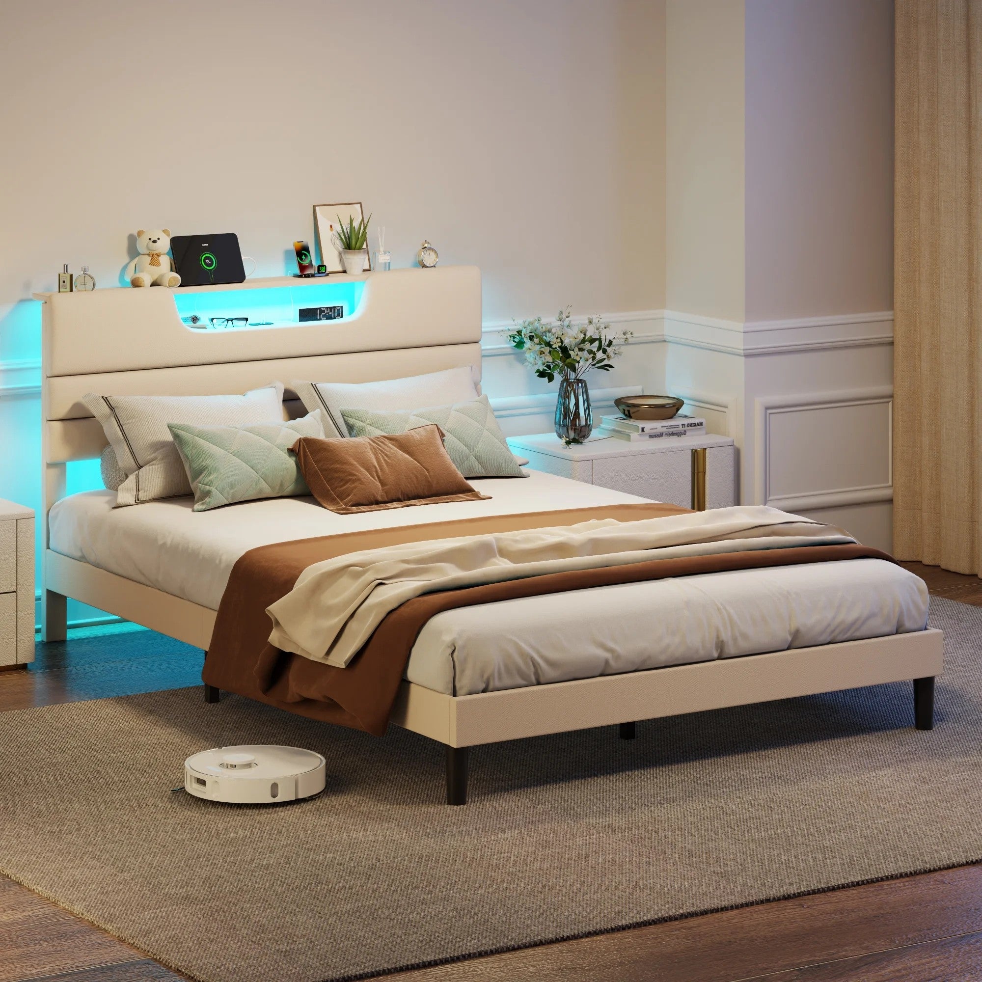 Beige Fine Linen Fabric Bed Frame with Upholstered Headboard & Charge Station, Queen Size Bed Frame with LED Lights, No Box Spring Needed