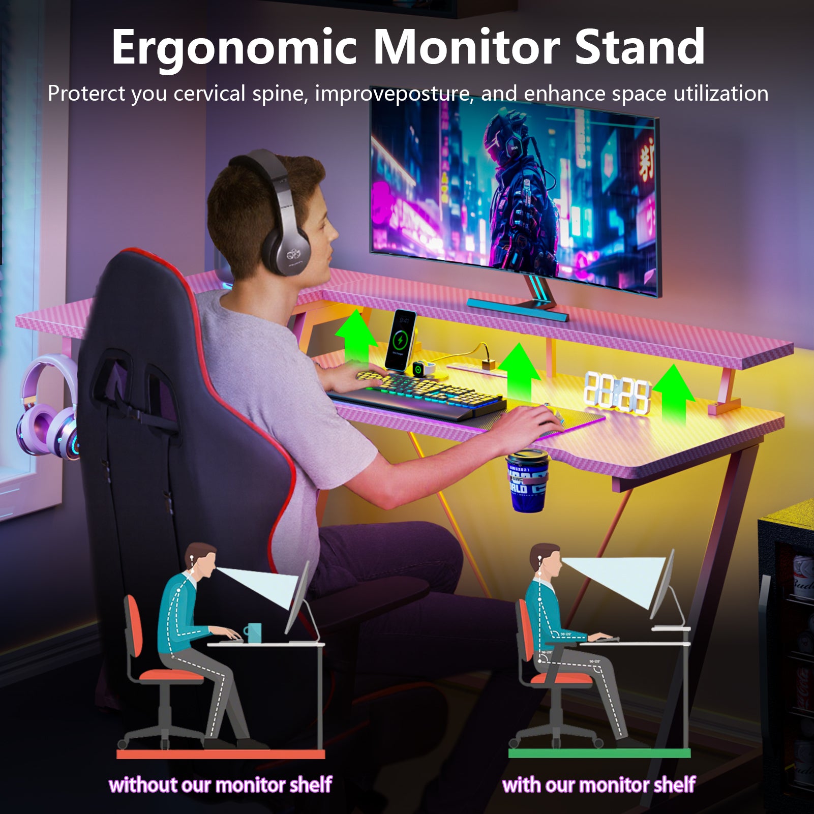 47 inch L Shaped Corner Gaming Desk with LED Lights and Power Outlet Pink Computer Table with Monitor Stand 3 Tier Storage Shelves Modern Gamer Desk