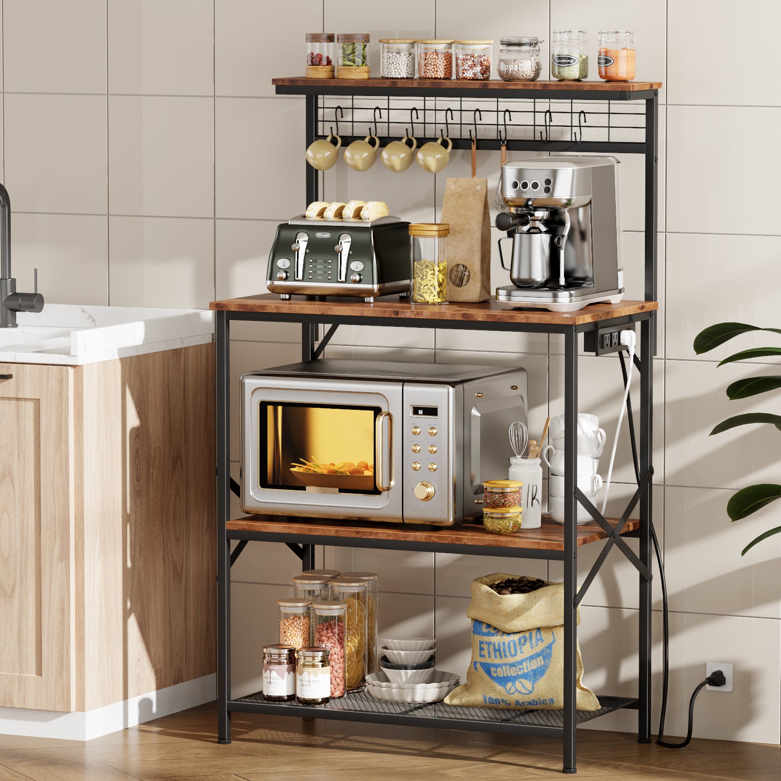 Qwatto Kitchen Bakers Rack with Power Outlets 31.5 -inch Coffee Bar Station 4 Tier Microwave Stand Storage Shelf with S Hooks Rustic Brown Utility Table