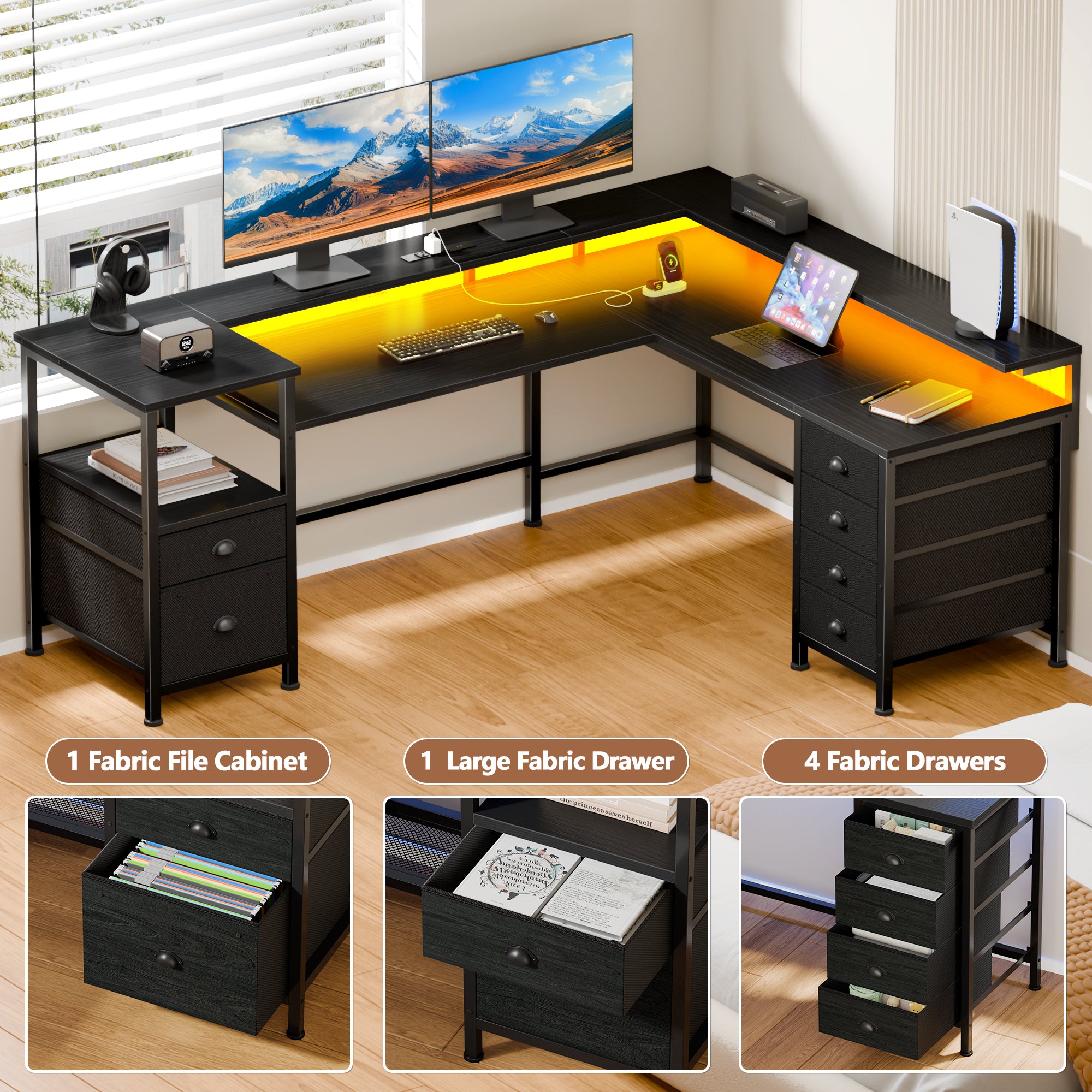 66 Inch Black L Shaped Gaming Desk with Charging Station Reversible Corner Computer Desk LED Lights 6 Drawers Monitor Stand Printer Shelf Storage