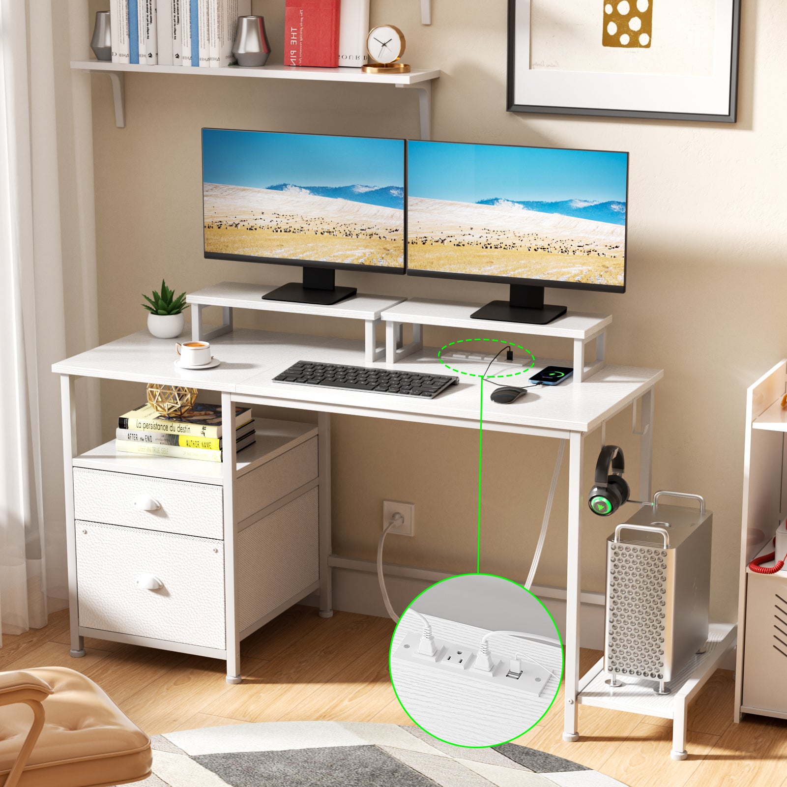 47 Inch White Computer Desk with Charging Station File Cabinet Home Office Gaming Desk 2 Monitor Stands Storage Drawer Shelves Writing Table Bedroom