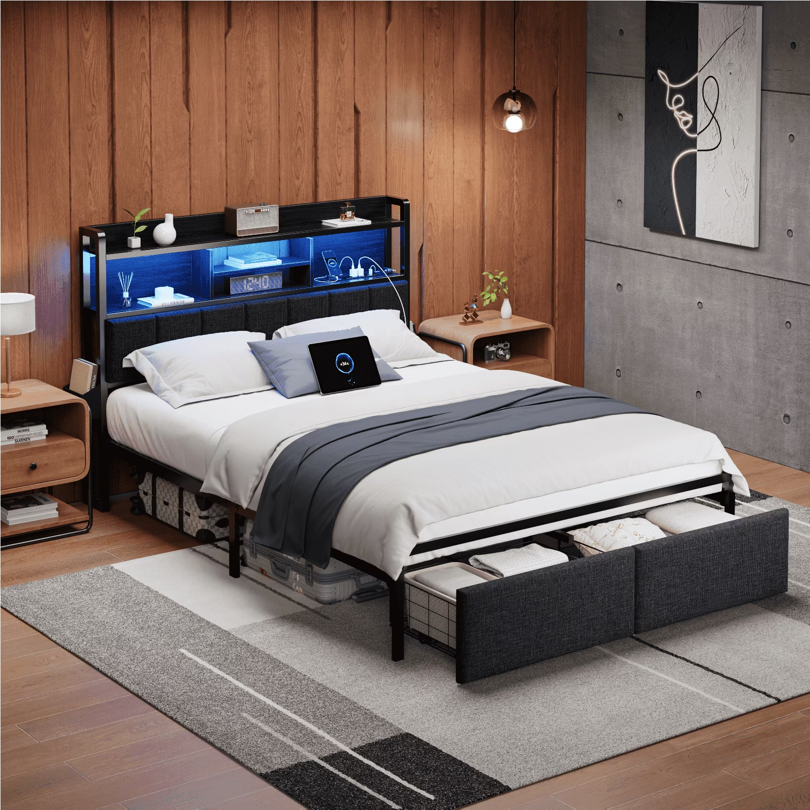 Furnulem Queen Bed Frame with Storage Drawers Upholstered Headboard with LED Light  Charging Station Metal Platform Bed Frame No Box Spring Needed