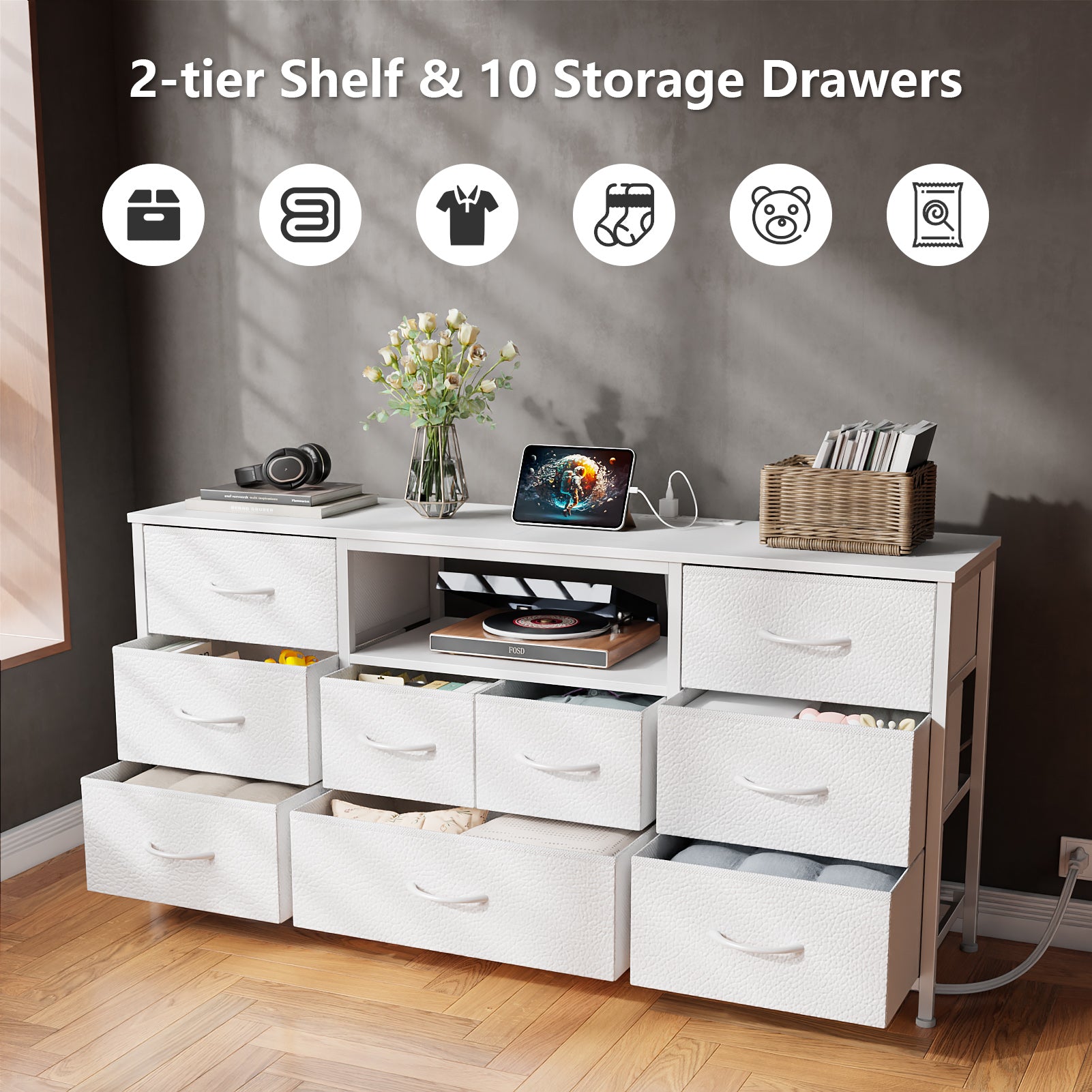 55" W White Dresser for Bedroom with 9 Drawers LED TV Stand with Power Outlets for 45 -55 -65 Inch TV Sturdy Long Chest of Drawers with Wooden Shelves
