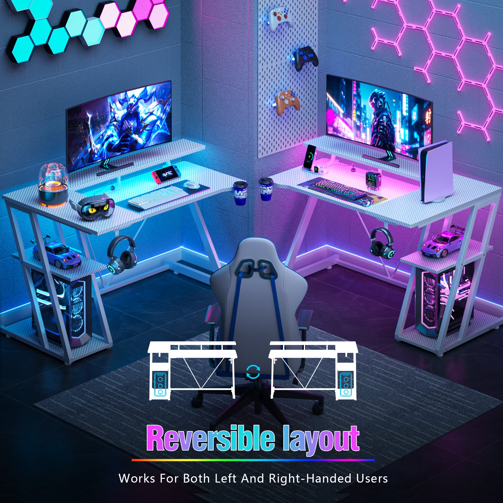 40 inch L Shaped Gaming Desk with LED Lights and Power Outlet Corner Computer Desk for Small Space with Monitor Stand 3 Tier Storage Shelves White