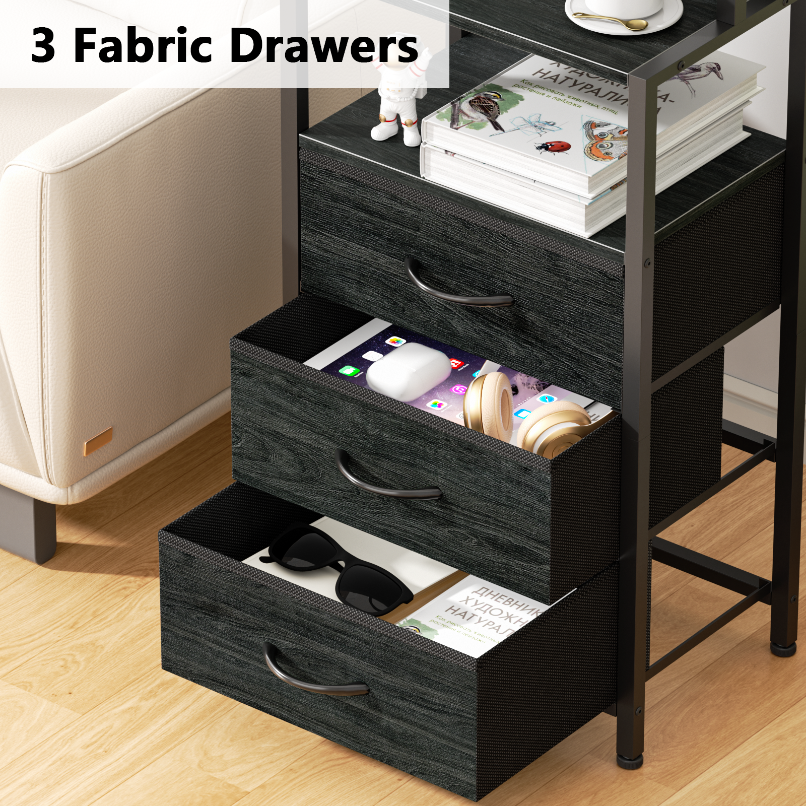 Tall Black Nightstand 4 Tier Storage Shelves 3 PU Fabric Drawers Modern Bedside Table Narrow Accent Side End Table Organizer for Bedroom Living Room