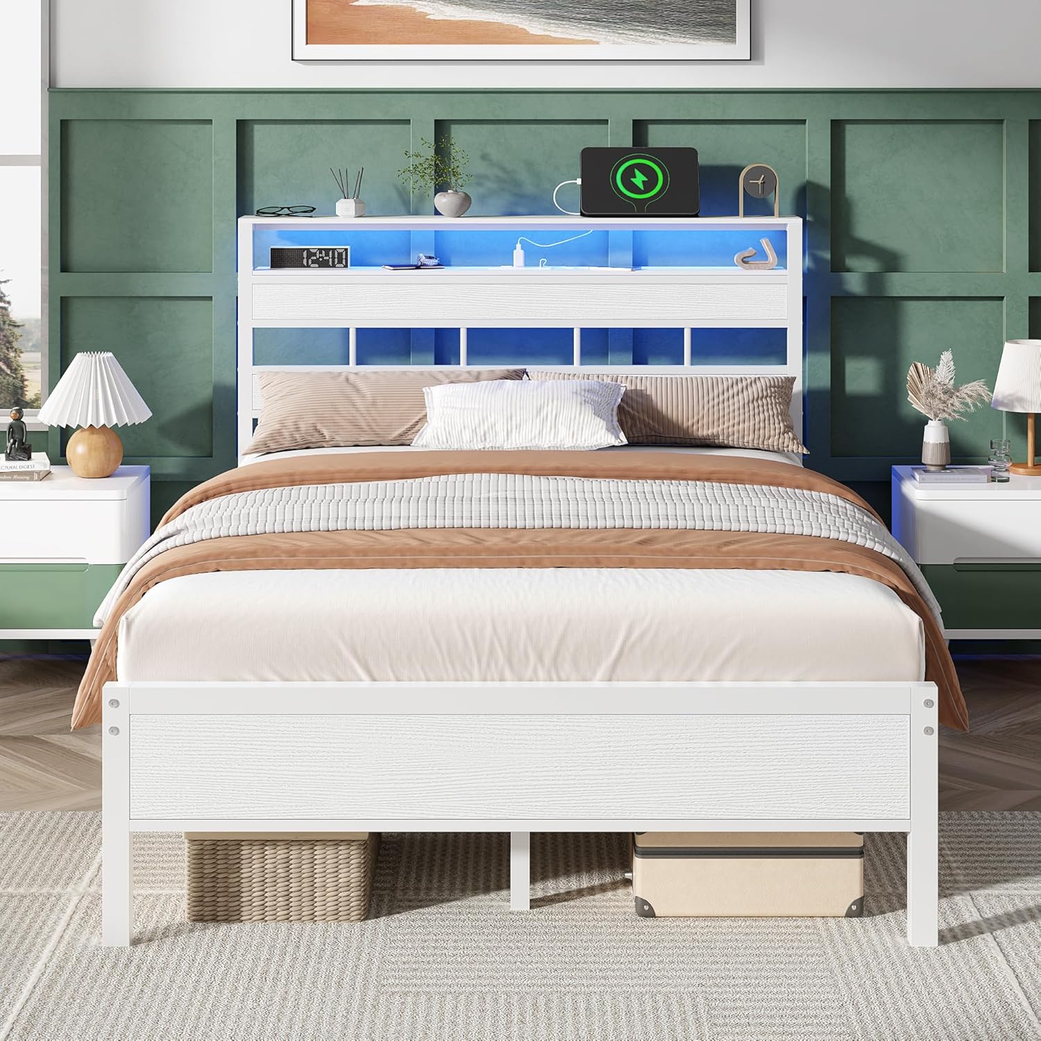 Full Size  Bed Frame with Storage Headboard and LED Lights Metal Bedframe with Charging Station and USB Port Platform Bed with Heavy Duty Slats White