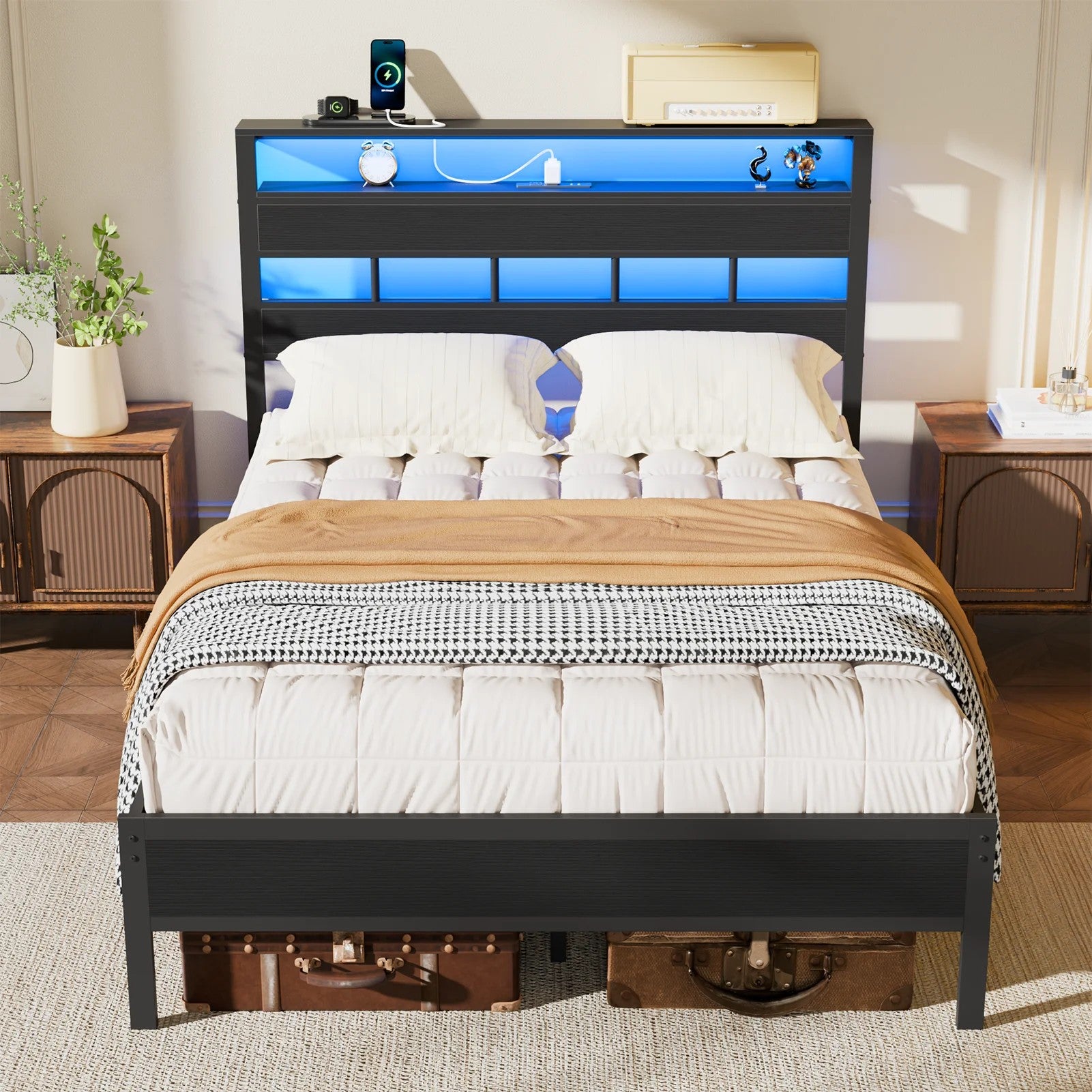 Bed Frames with Headboard & LED Lighted,Standard Storage Bed Platforrm with Storage Underbed, No Box Spring Needed