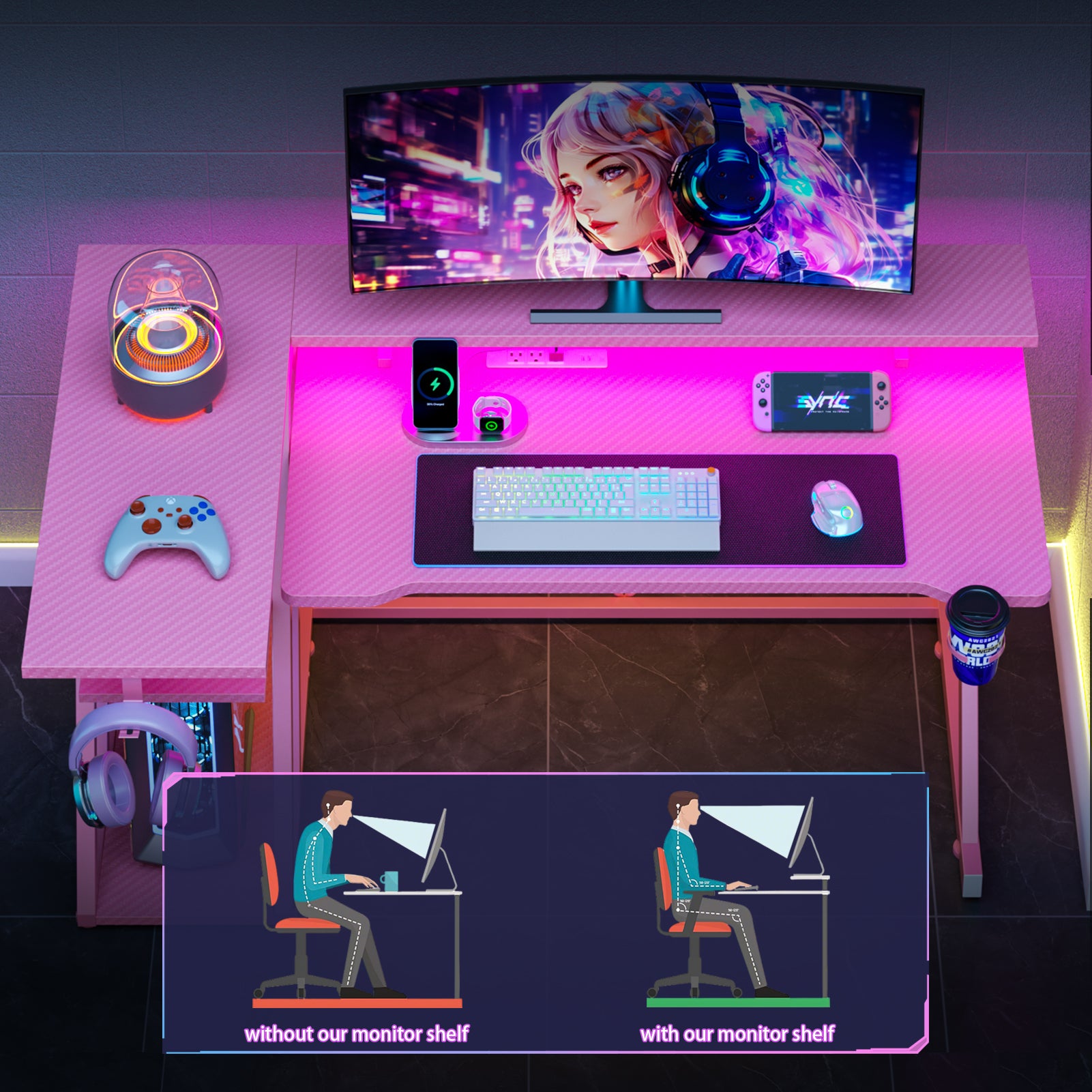 40 inch L Shaped Gaming Desk for Small Space Pink Computer Table with Monitor Stand and 3 Tier Storage Shelves Carbon Fiber